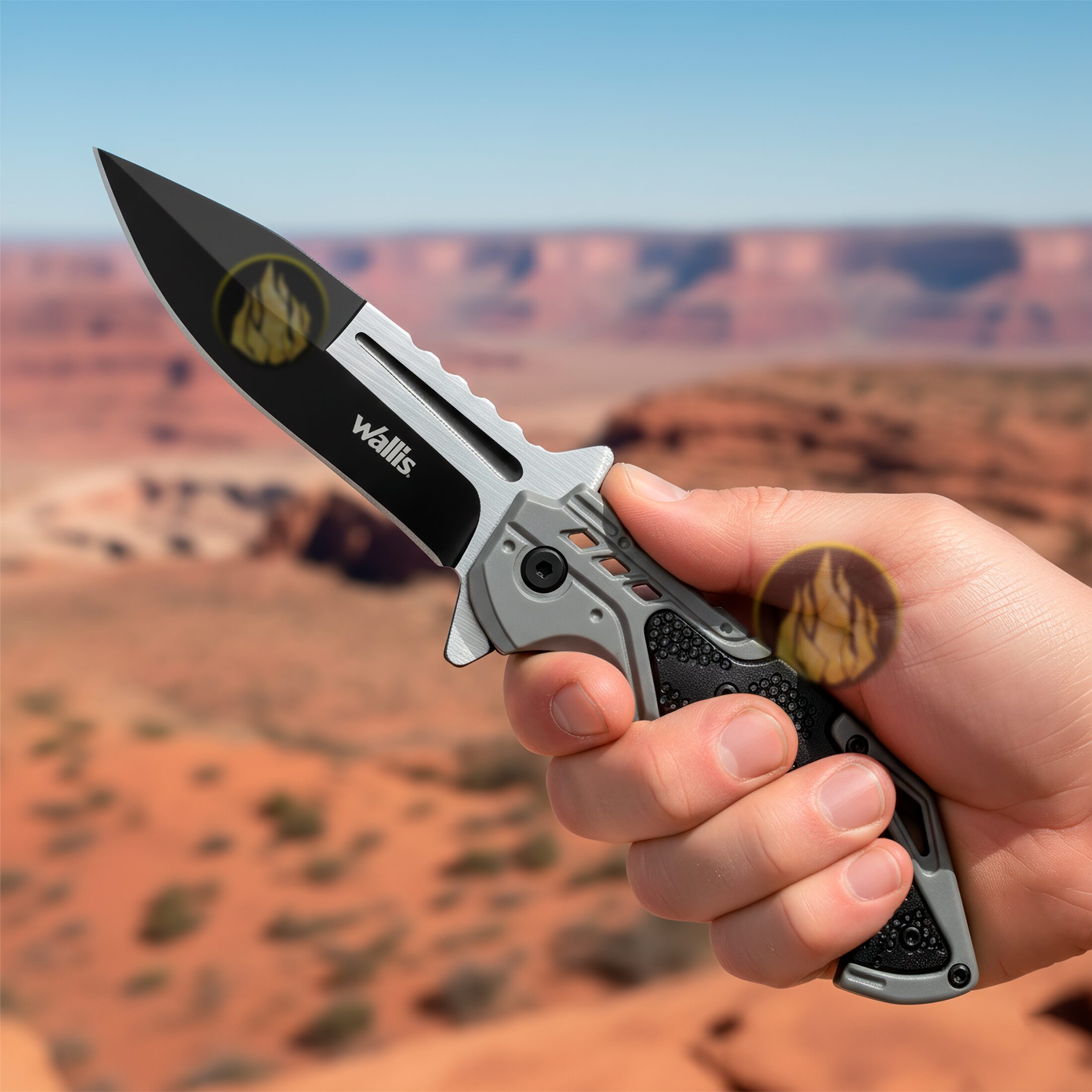 Navaja Automatica Acero Wallis con apertura automática y hoja de acero inoxidable uso rudo con clip Navaja Automatica Acero marca Wallis modelo K900367 con seguro anti cierre y diseño táctico resistente