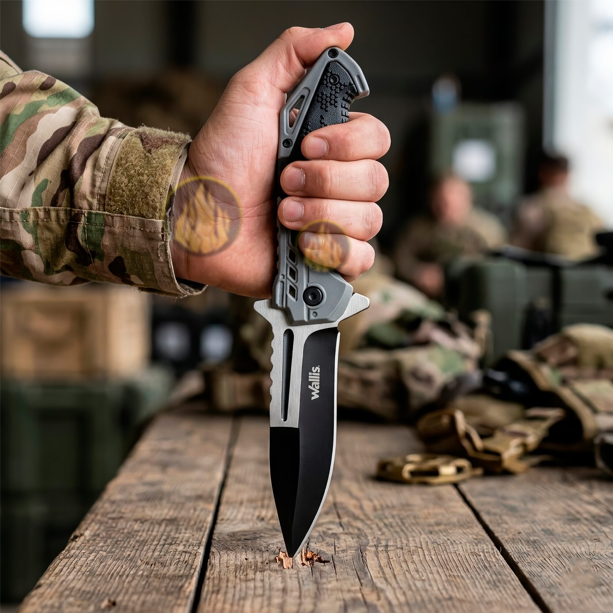 Navaja Automatica Acero Wallis con apertura automática y hoja de acero inoxidable uso rudo con clip Navaja Automatica Acero marca Wallis modelo K900367 con seguro anti cierre y diseño táctico resistente