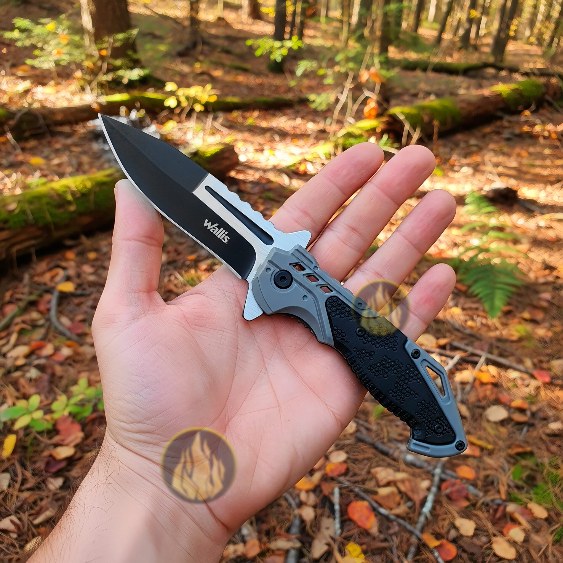 Navaja Automatica Acero Wallis con apertura automática y hoja de acero inoxidable uso rudo con clip Navaja Automatica Acero marca Wallis modelo K900367 con seguro anti cierre y diseño táctico resistente