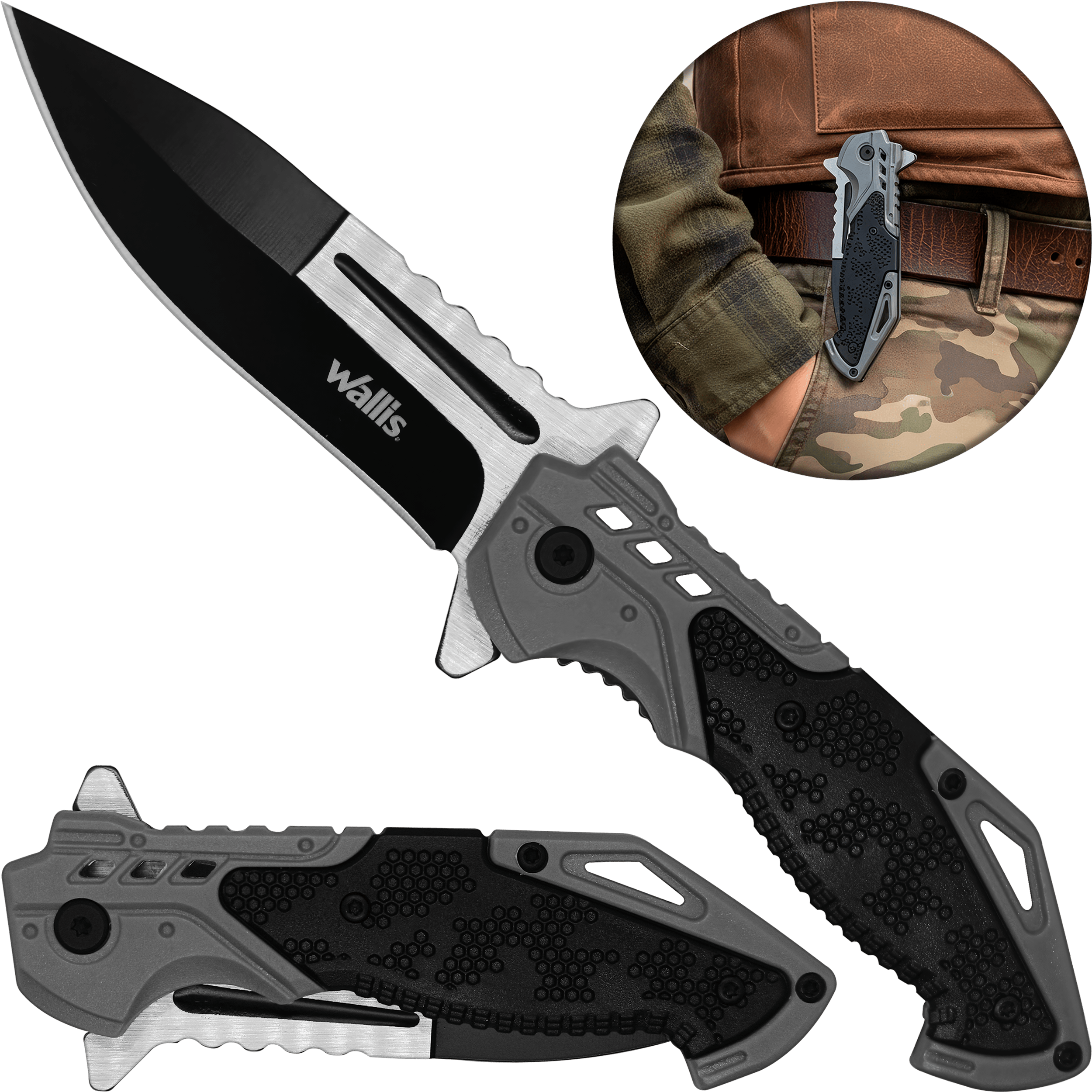 Navaja Automatica Acero Wallis con apertura automática y hoja de acero inoxidable uso rudo con clip Navaja Automatica Acero marca Wallis modelo K900367 con seguro anti cierre y diseño táctico resistente