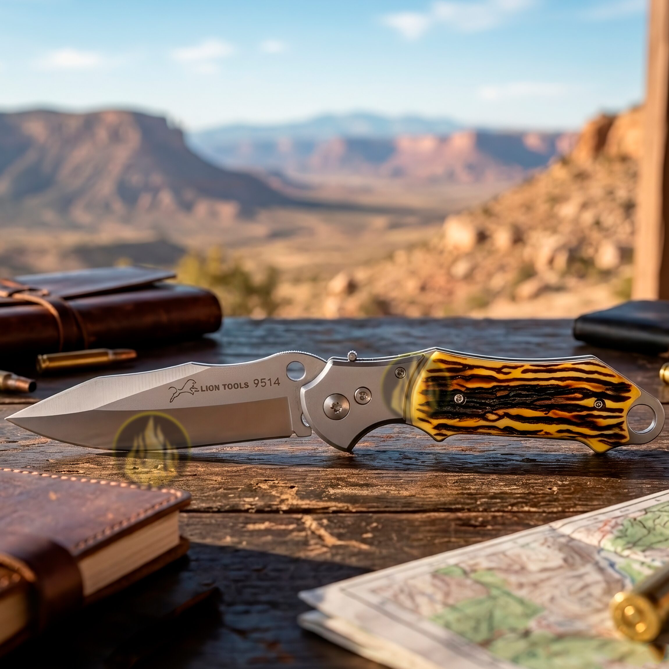 Navaja Automática Cachas Tipo Hueso Lion Tools con hoja de acero inoxidable 420, apertura automática de botón y diseño táctico de uso rudo. 9514