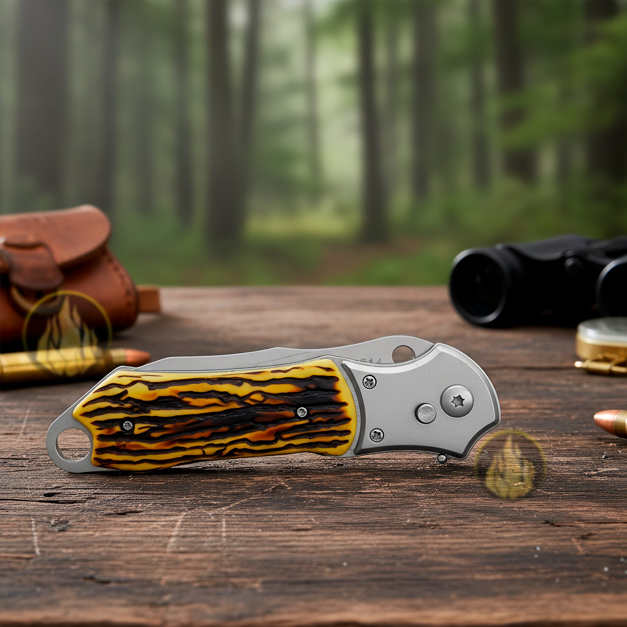 Navaja Automática Cachas Tipo Hueso Lion Tools con hoja de acero inoxidable 420, apertura automática de botón y diseño táctico de uso rudo. 9514