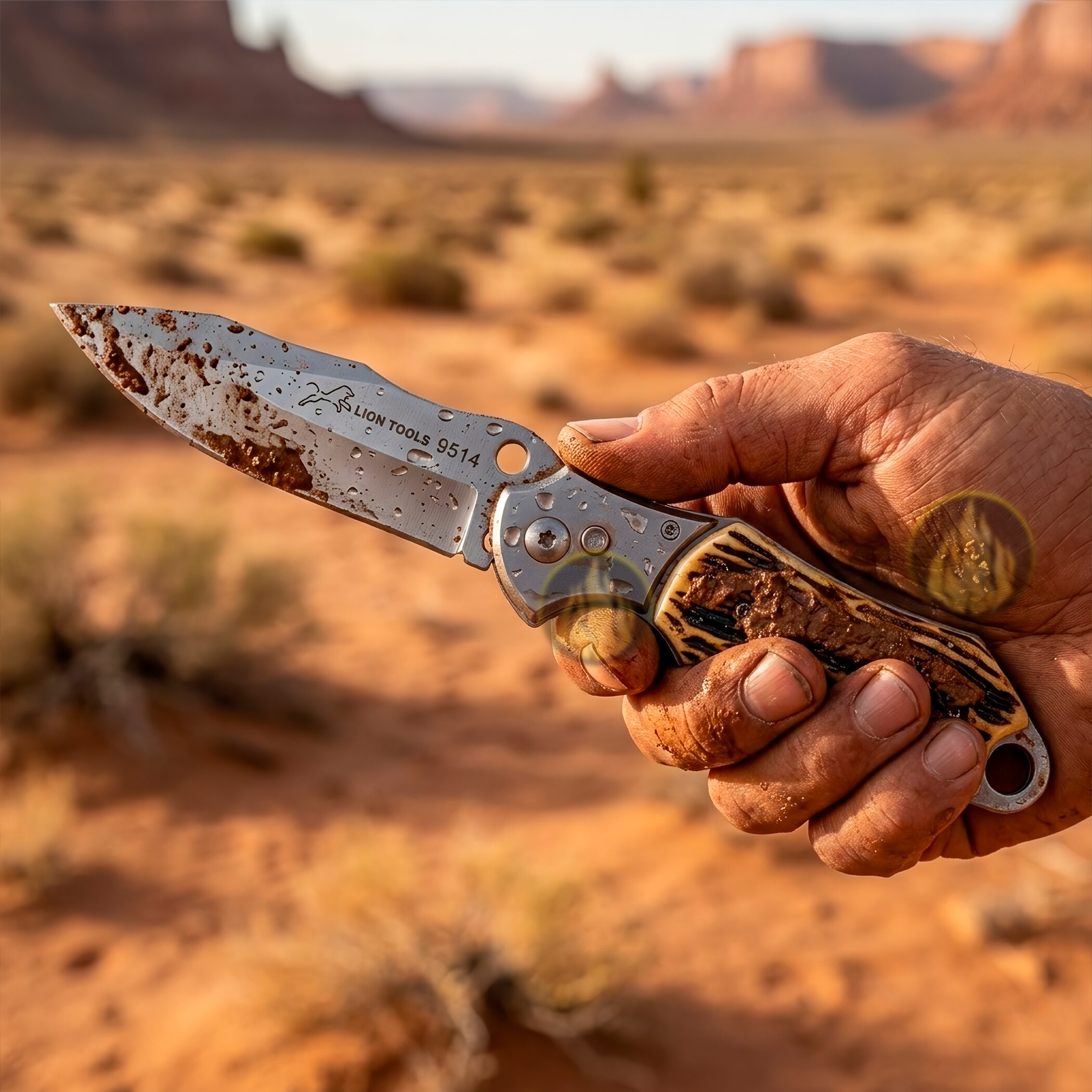 Navaja Automática Cachas Tipo Hueso Lion Tools con hoja de acero inoxidable 420, apertura automática de botón y diseño táctico de uso rudo. 9514