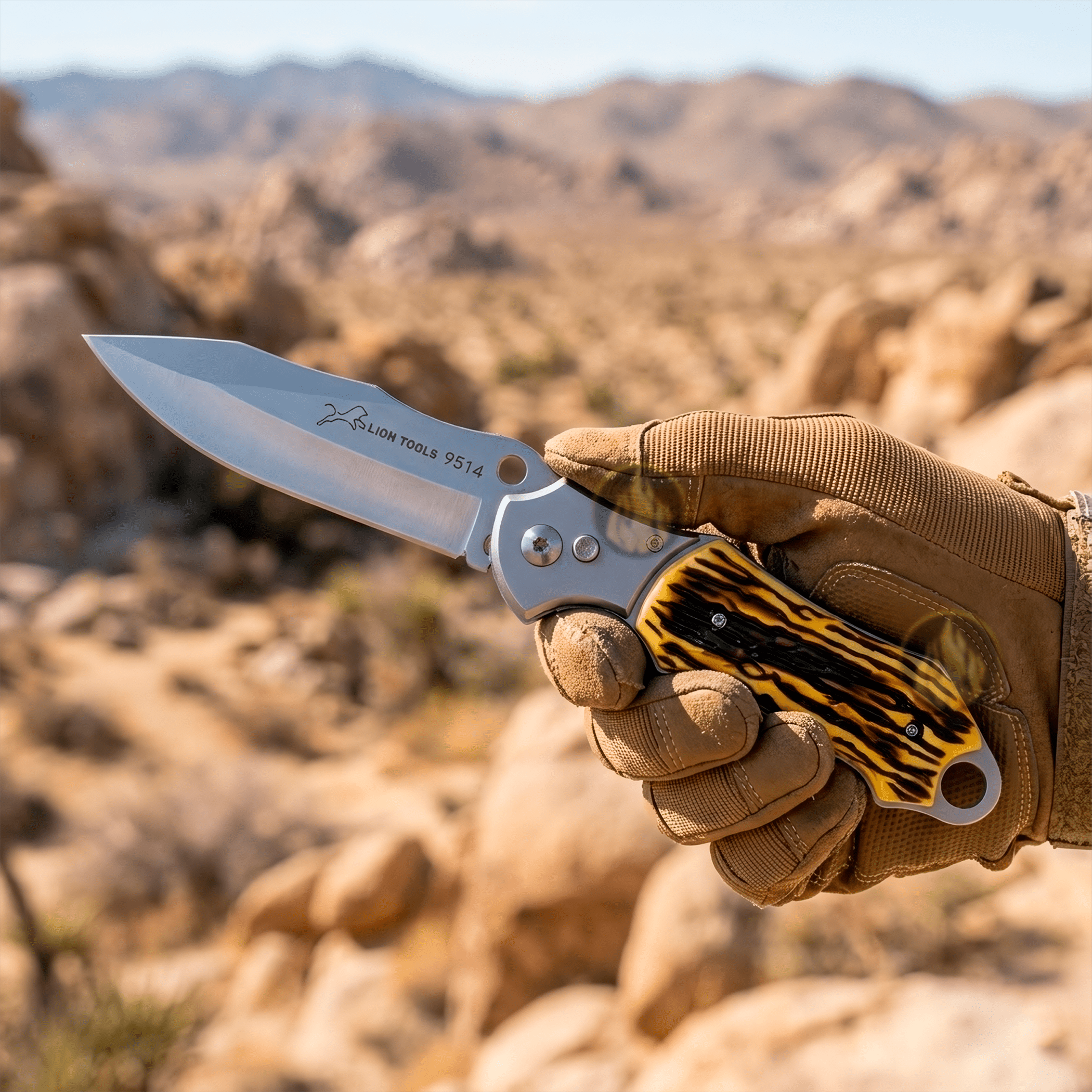 Navaja Automática Cachas Tipo Hueso Lion Tools con hoja de acero inoxidable 420, apertura automática de botón y diseño táctico de uso rudo. 9514