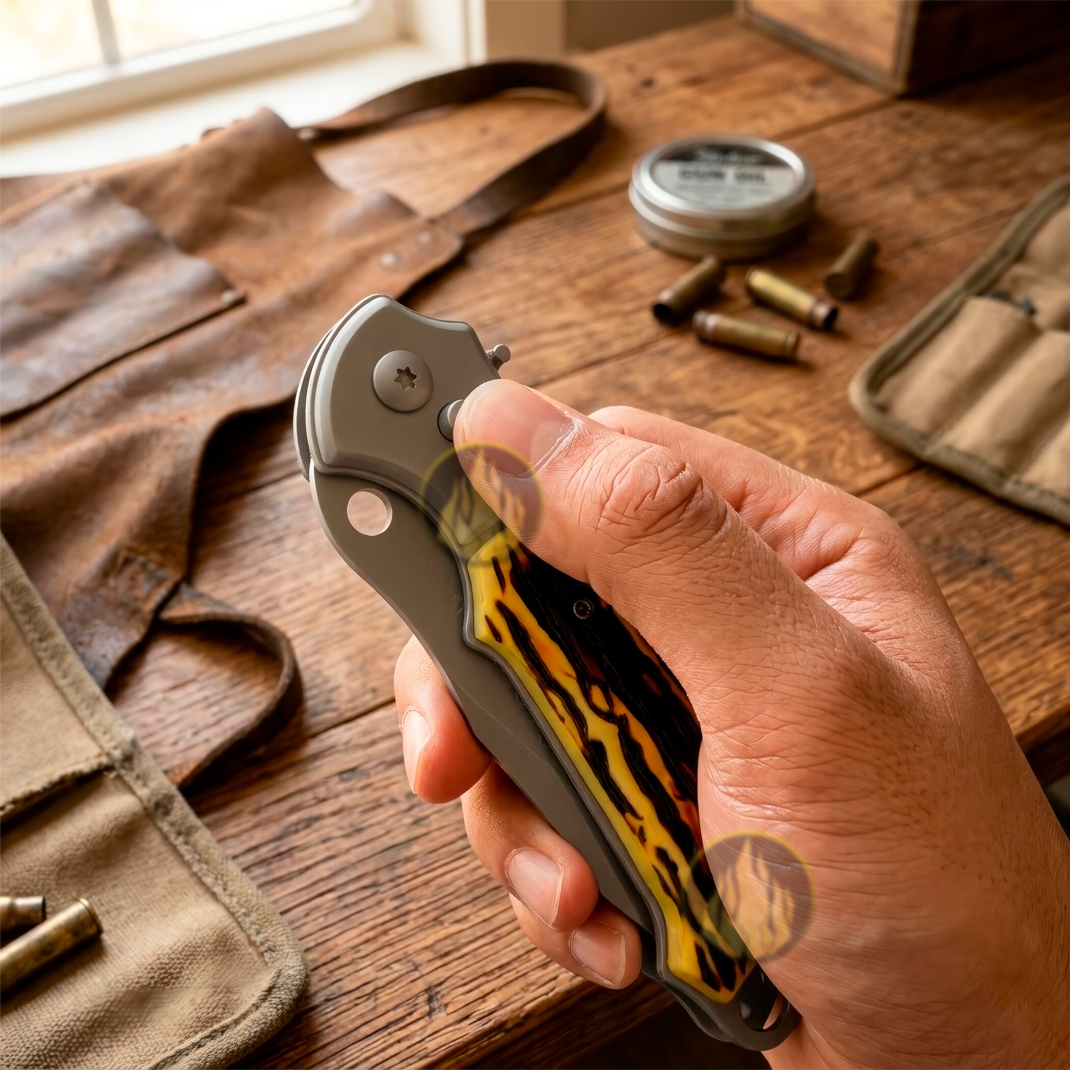 Navaja Automática Cachas Tipo Hueso Lion Tools con hoja de acero inoxidable 420, apertura automática de botón y diseño táctico de uso rudo. 9514