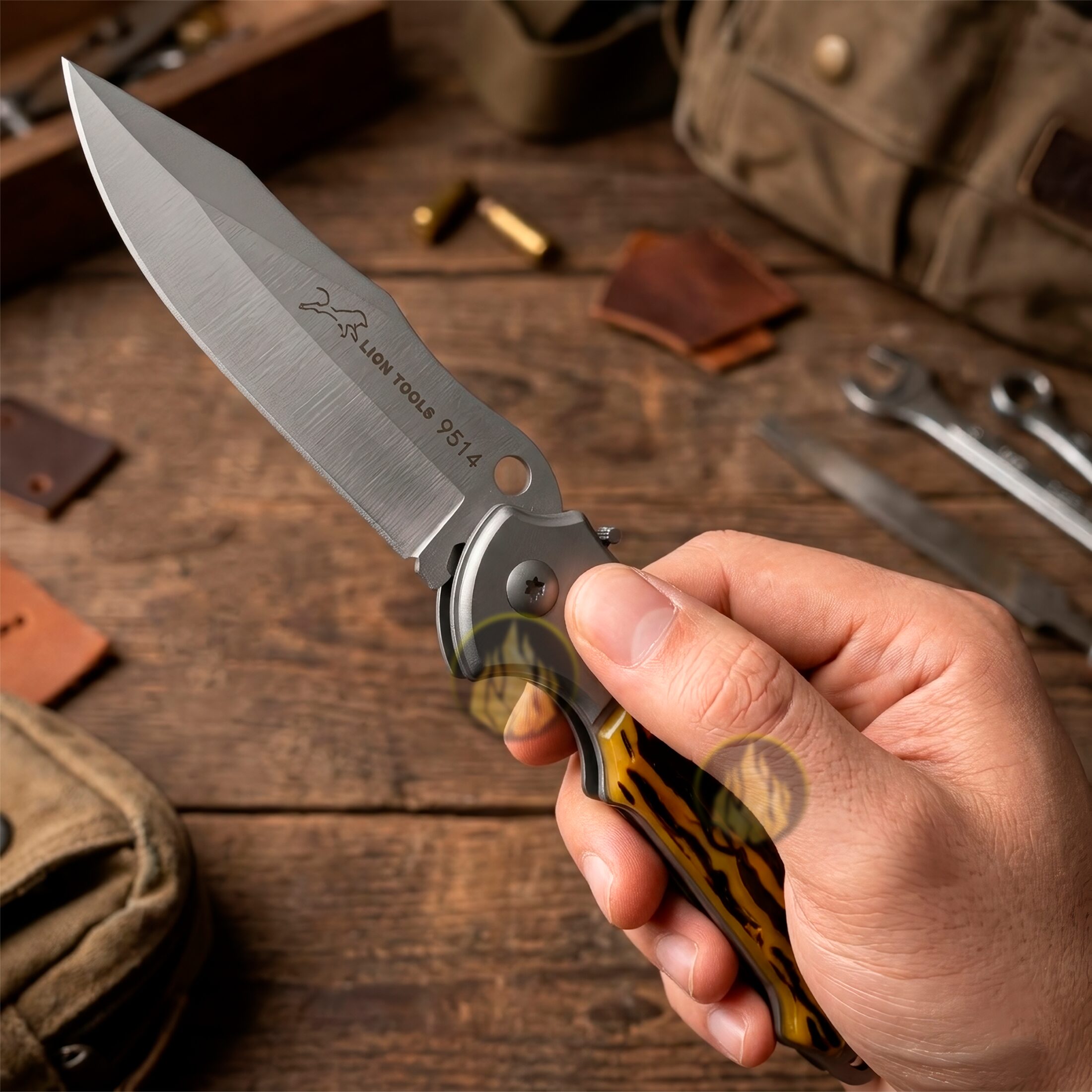 Navaja Automática Cachas Tipo Hueso Lion Tools con hoja de acero inoxidable 420, apertura automática de botón y diseño táctico de uso rudo. 9514
