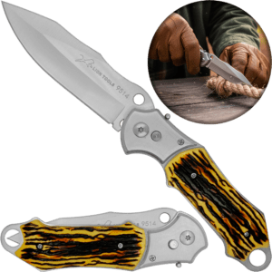 Navaja Automática Cachas Tipo Hueso Lion Tools con hoja de acero inoxidable 420, apertura automática de botón y diseño táctico de uso rudo. 9514
