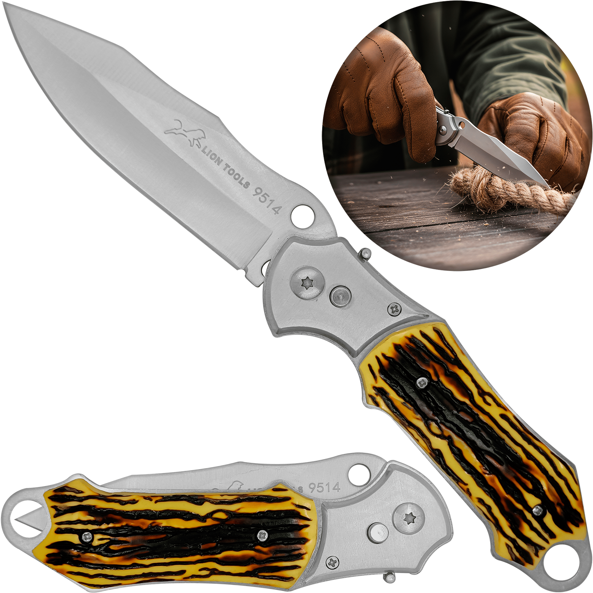 Navaja Automática Cachas Tipo Hueso Lion Tools con hoja de acero inoxidable 420, apertura automática de botón y diseño táctico de uso rudo. 9514