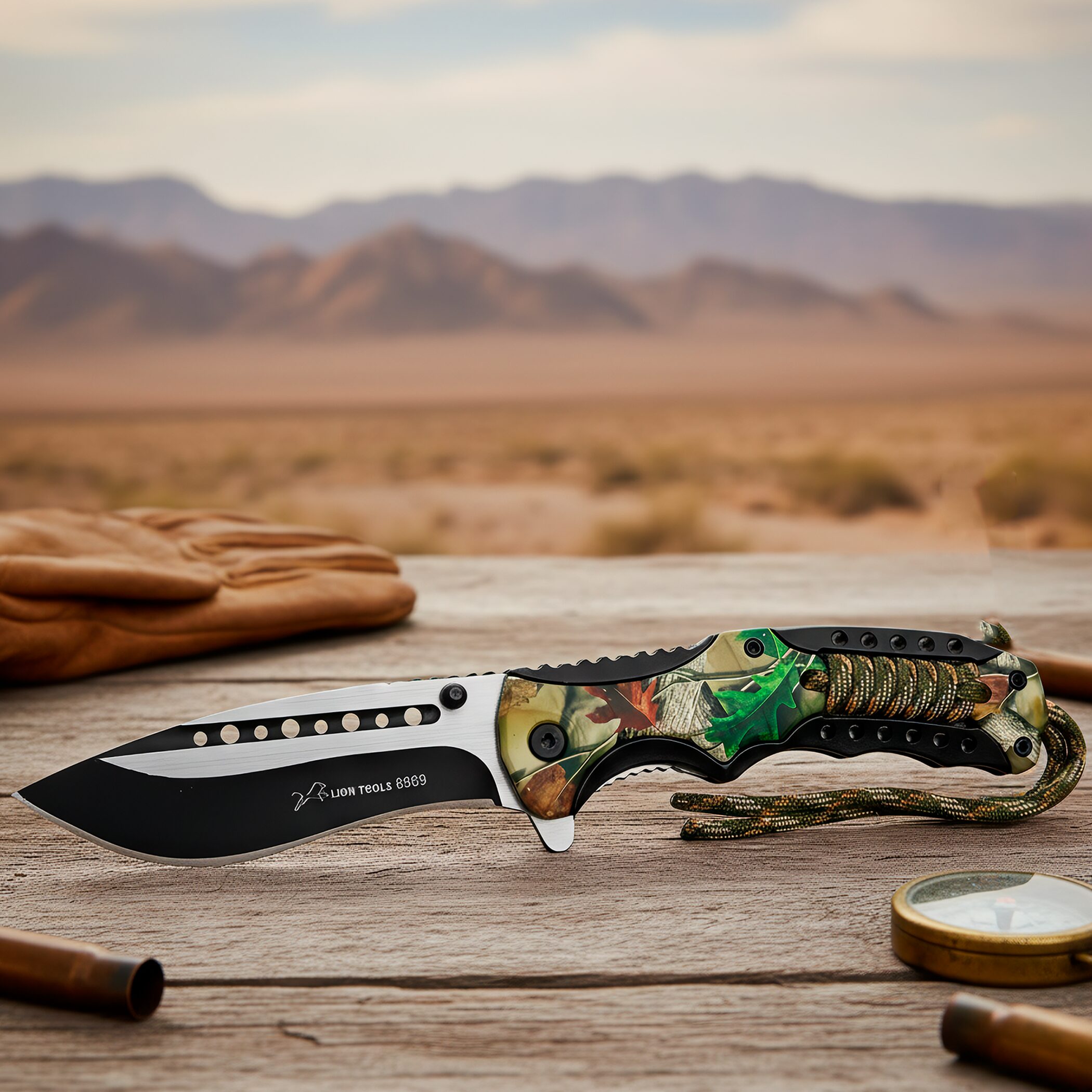 Navaja Automática Camuflaje Cuerda Paracord uso rudo con hoja de acero inoxidable y clip para cinturón. 8569