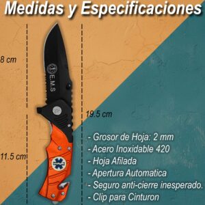 Emergencia Snake marca Snake Eye con rompe vidrios y corta cinturón de acero inoxidable Navaja Automática Emergencia Snake modelo SE-921EMS con apertura automática y clip para cinturón