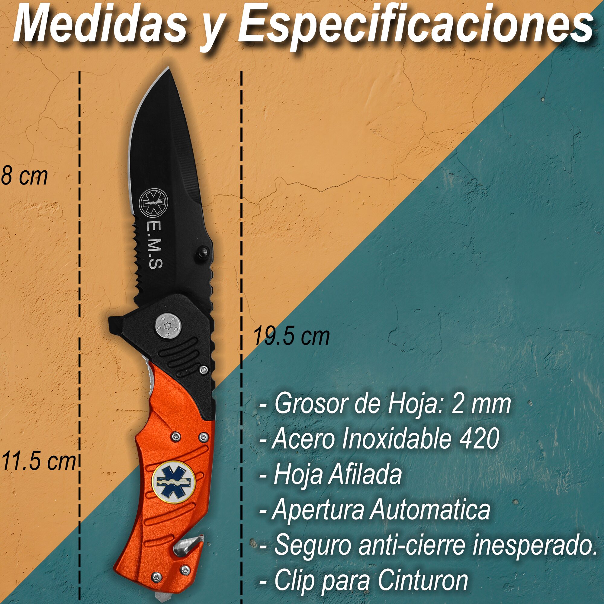 Emergencia Snake marca Snake Eye con rompe vidrios y corta cinturón de acero inoxidable Navaja Automática Emergencia Snake modelo SE-921EMS con apertura automática y clip para cinturón