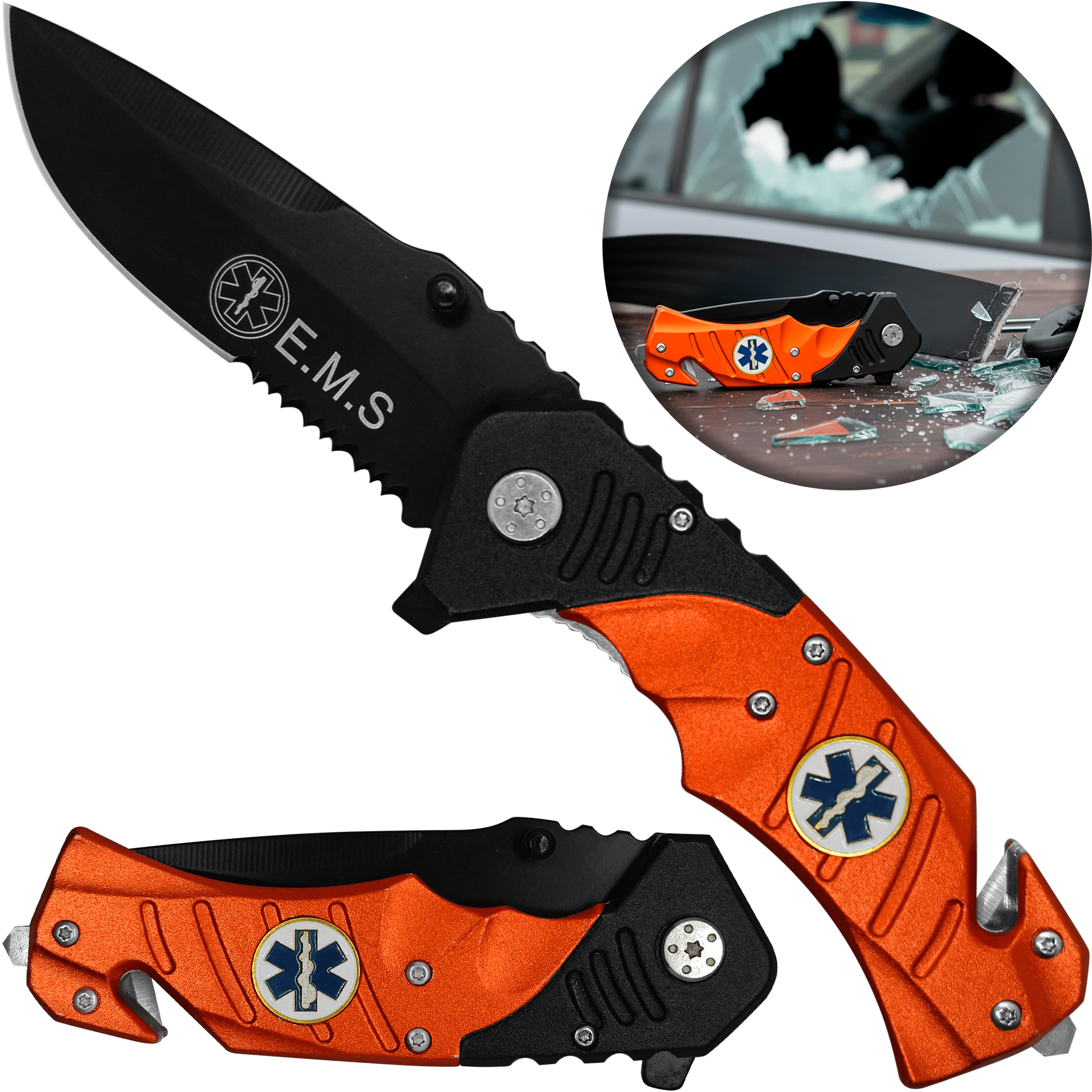 Emergencia Snake marca Snake Eye con rompe vidrios y corta cinturón de acero inoxidable Navaja Automática Emergencia Snake modelo SE-921EMS con apertura automática y clip para cinturón