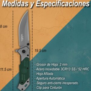 Navaja Automatica G10 Wallis con apertura rápida, acero inoxidable 3CR13 y clip. Ideal para uso rudo, EDC, camping y trabajo diario.
