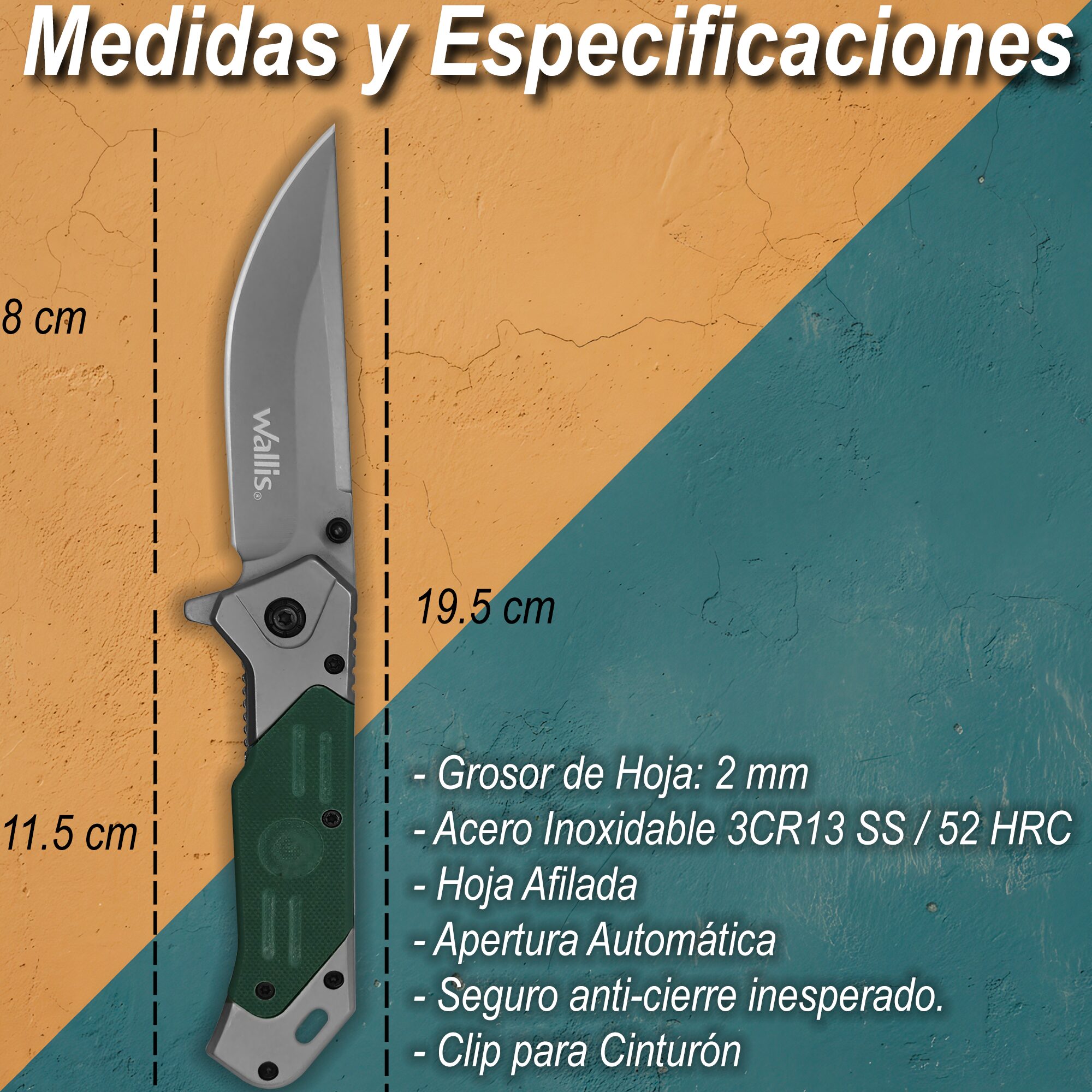 Navaja Automatica G10 Wallis con apertura rápida, acero inoxidable 3CR13 y clip. Ideal para uso rudo, EDC, camping y trabajo diario.