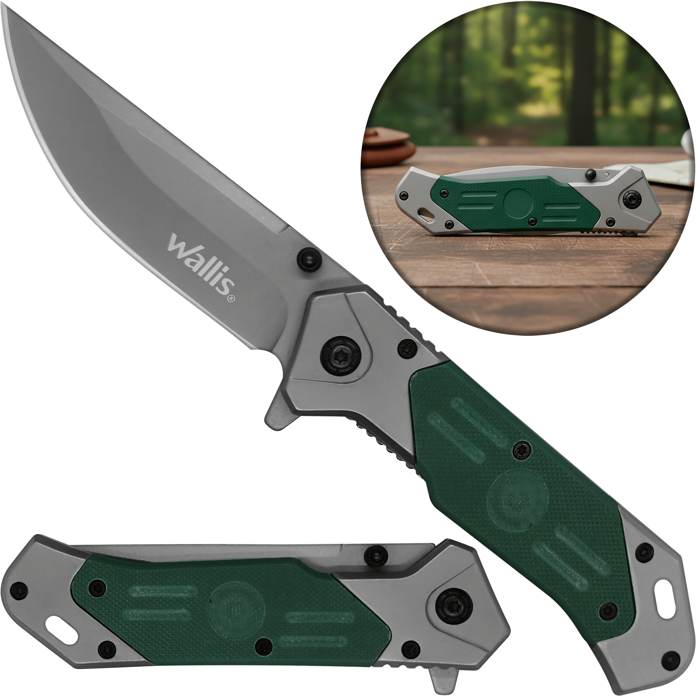 Navaja Automatica G10 Wallis con apertura rápida, acero inoxidable 3CR13 y clip. Ideal para uso rudo, EDC, camping y trabajo diario.