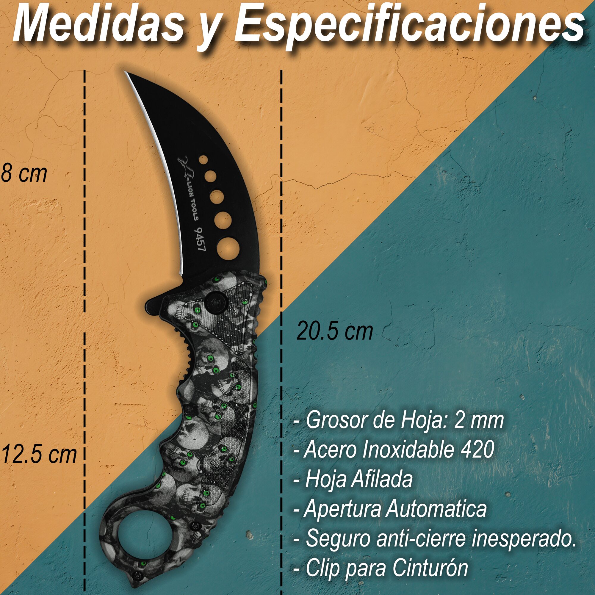 Navaja Automática Kerambit Lion Tools, mostrando el mango ergonómico y el diseño de calavera. Navaja Automática Kerambit Lion Tools con hoja curva de acero inoxidable 420 totalmente abierta en modo automático. 9457