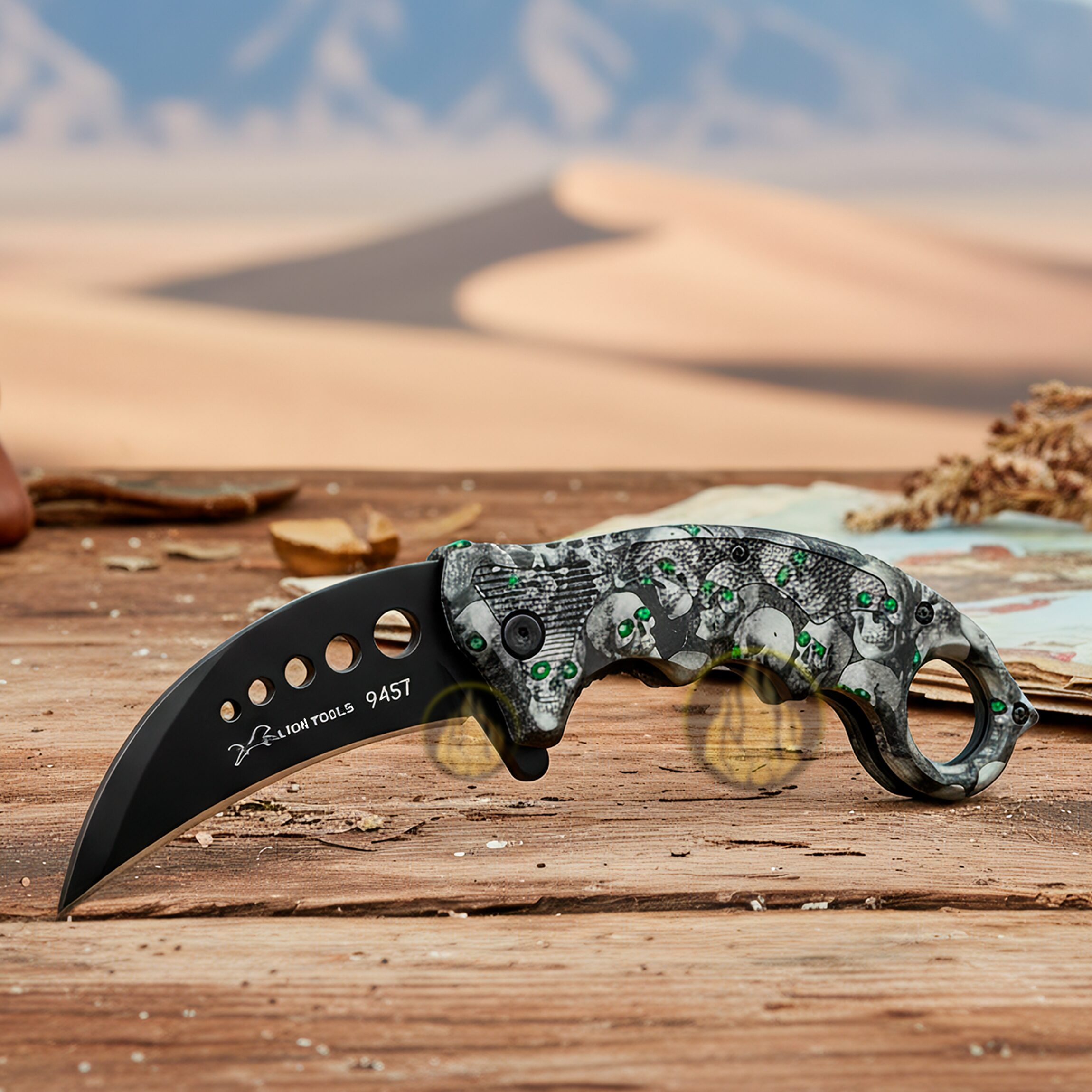 Navaja Automática Kerambit Lion Tools, mostrando el mango ergonómico y el diseño de calavera. Navaja Automática Kerambit Lion Tools con hoja curva de acero inoxidable 420 totalmente abierta en modo automático. 9457