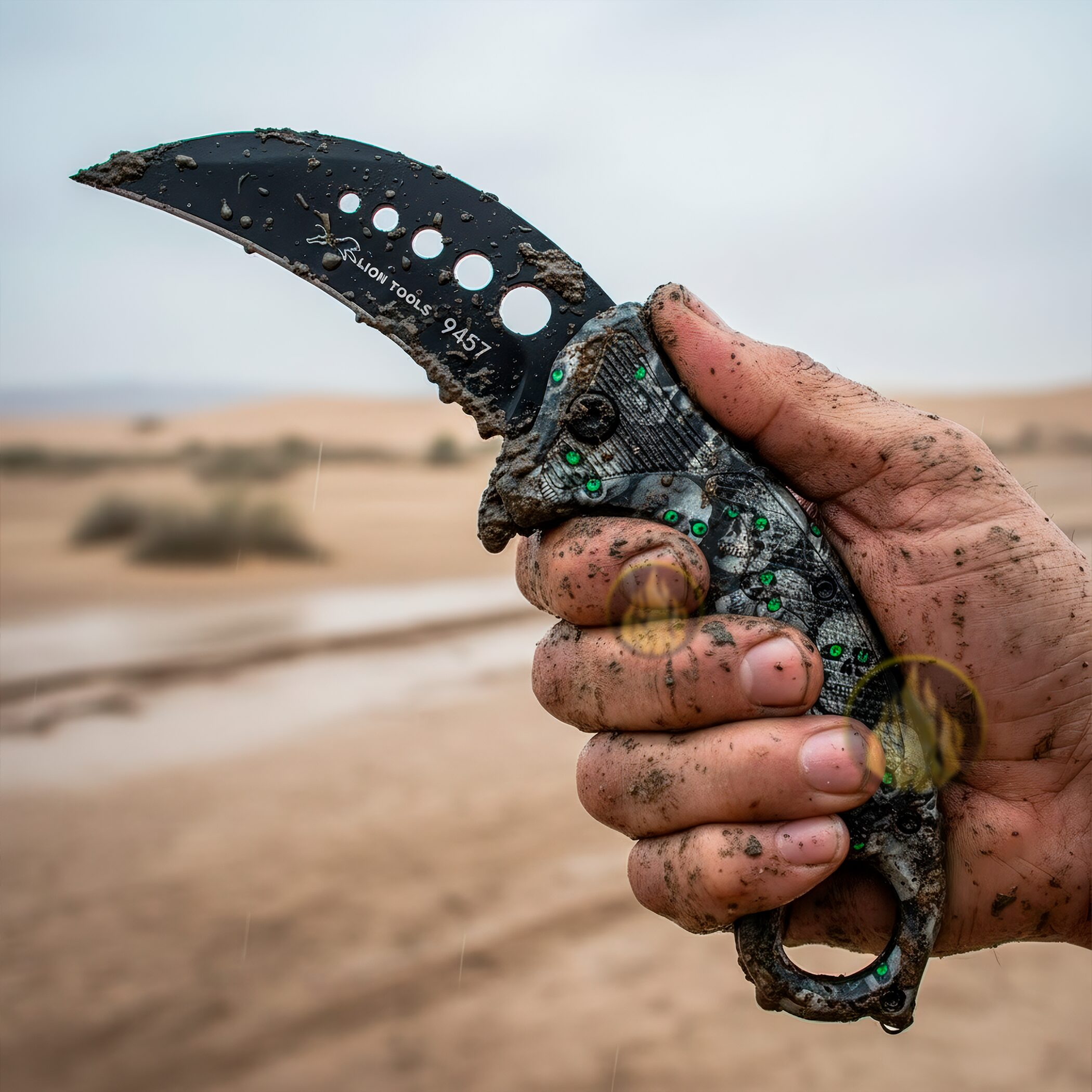 Navaja Automática Kerambit Lion Tools, mostrando el mango ergonómico y el diseño de calavera. Navaja Automática Kerambit Lion Tools con hoja curva de acero inoxidable 420 totalmente abierta en modo automático. 9457