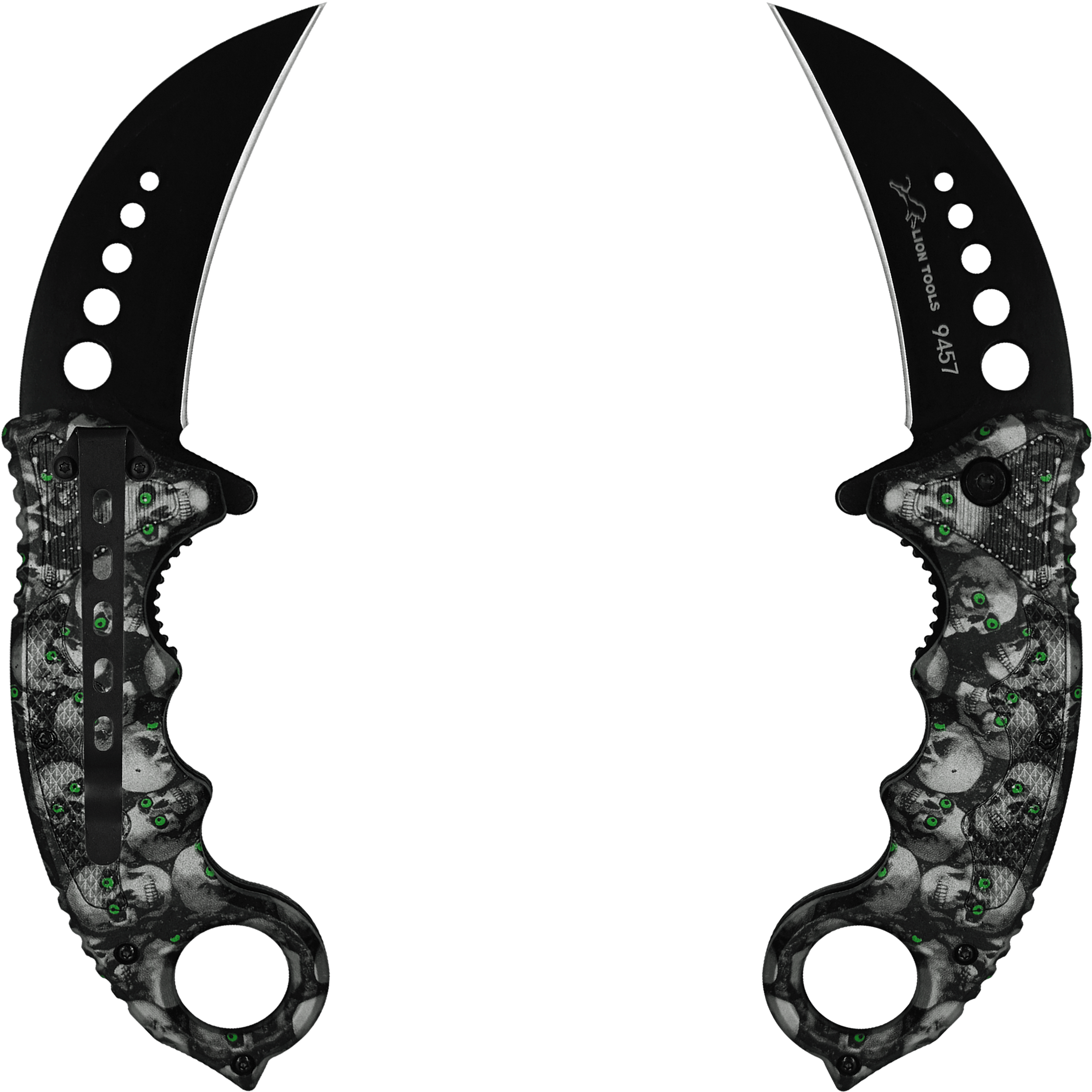 Navaja Automática Kerambit Lion Tools, mostrando el mango ergonómico y el diseño de calavera. Navaja Automática Kerambit Lion Tools con hoja curva de acero inoxidable 420 totalmente abierta en modo automático. 9457