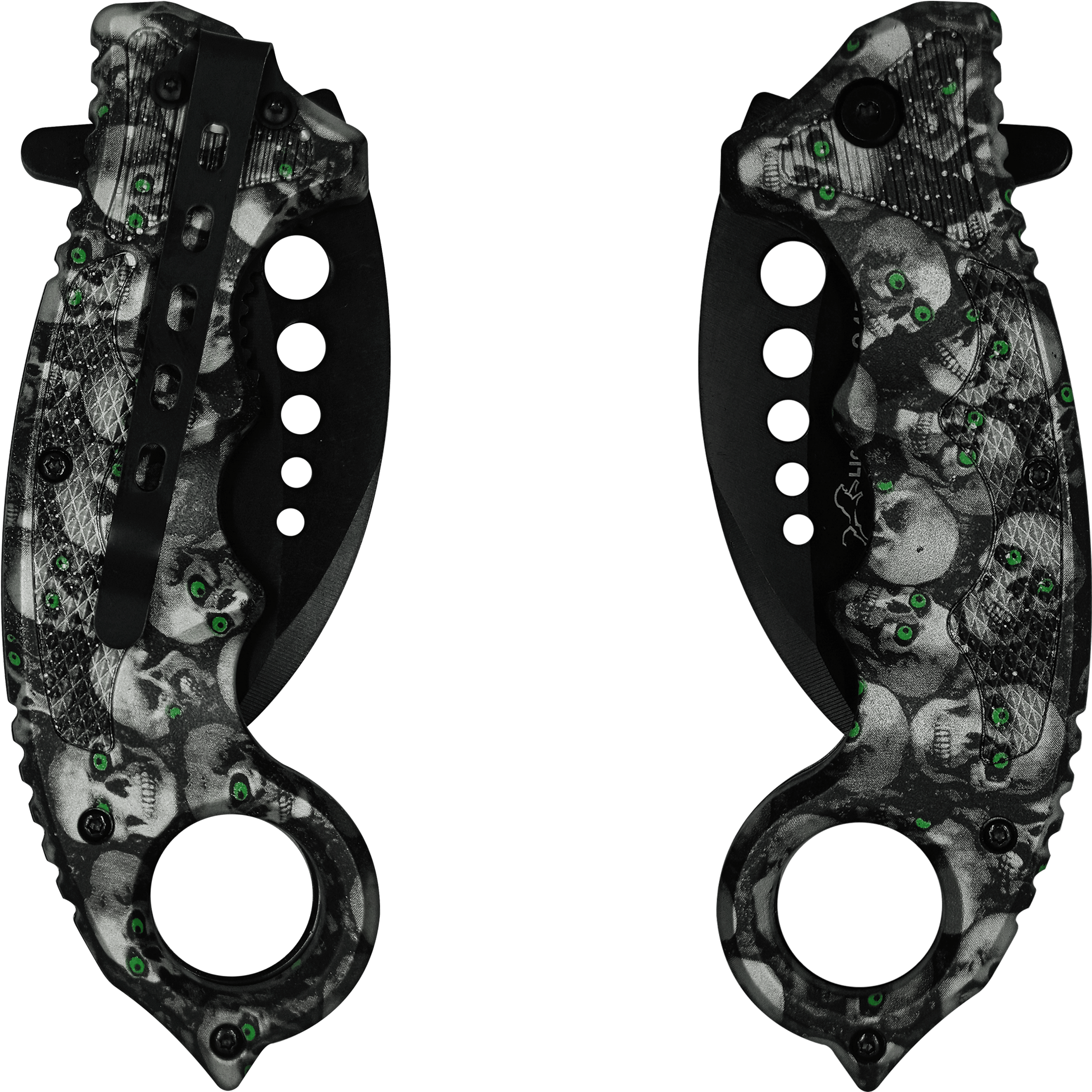 Navaja Automática Kerambit Lion Tools, mostrando el mango ergonómico y el diseño de calavera. Navaja Automática Kerambit Lion Tools con hoja curva de acero inoxidable 420 totalmente abierta en modo automático. 9457