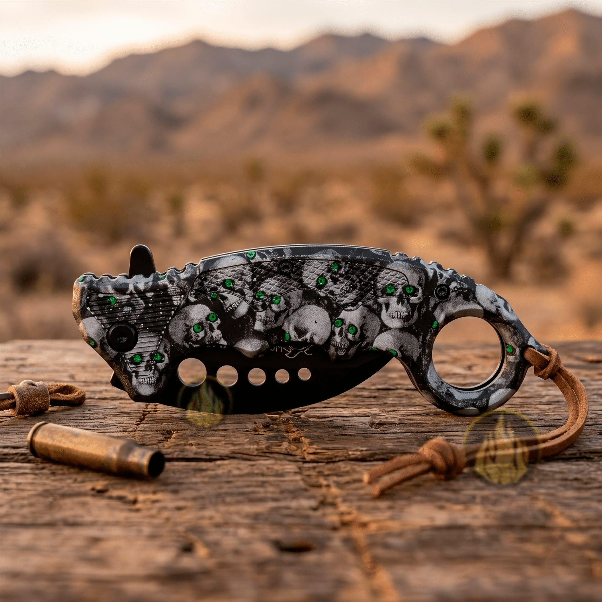 Navaja Automática Kerambit Lion Tools, mostrando el mango ergonómico y el diseño de calavera. Navaja Automática Kerambit Lion Tools con hoja curva de acero inoxidable 420 totalmente abierta en modo automático. 9457