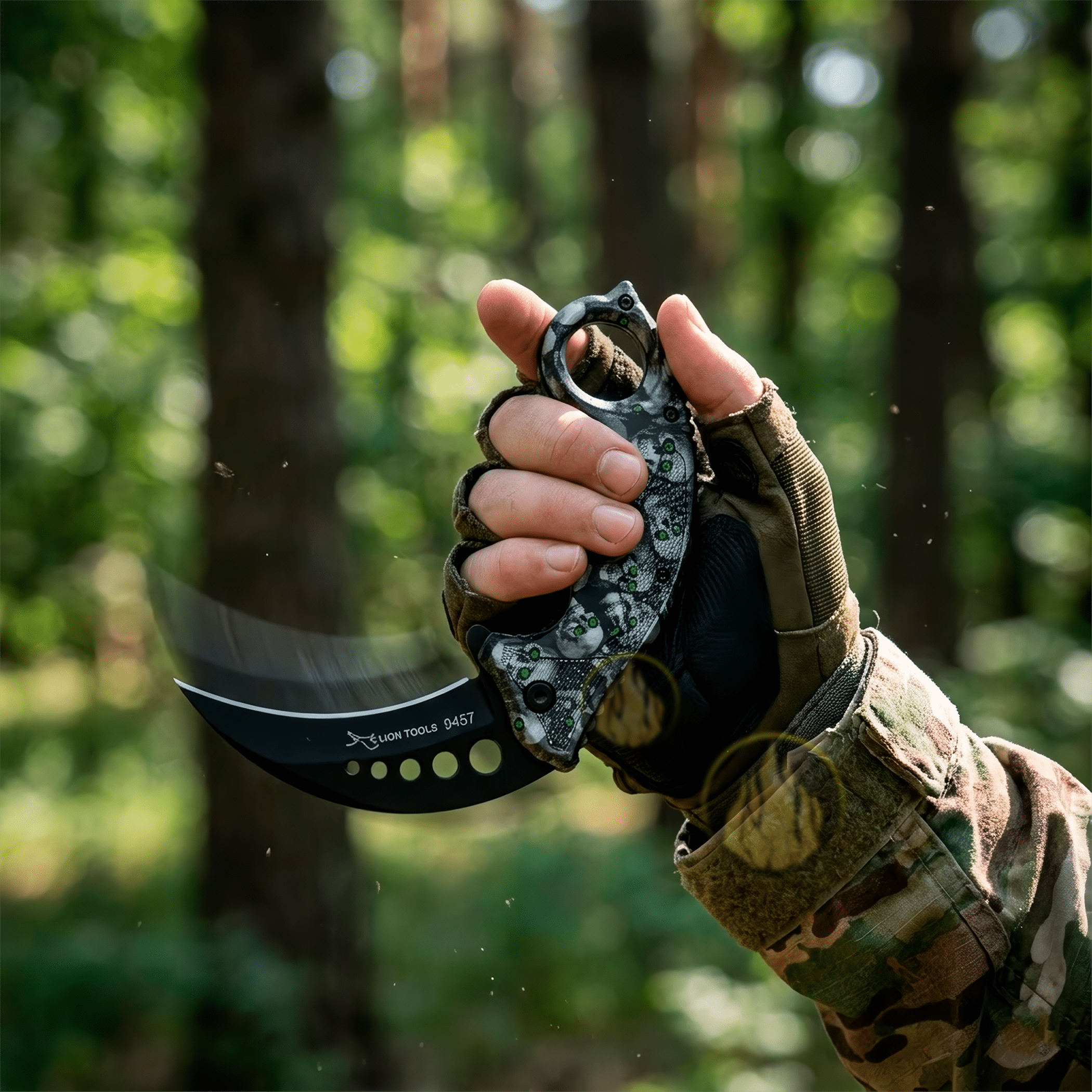 Navaja Automática Kerambit Lion Tools, mostrando el mango ergonómico y el diseño de calavera. Navaja Automática Kerambit Lion Tools con hoja curva de acero inoxidable 420 totalmente abierta en modo automático. 9457