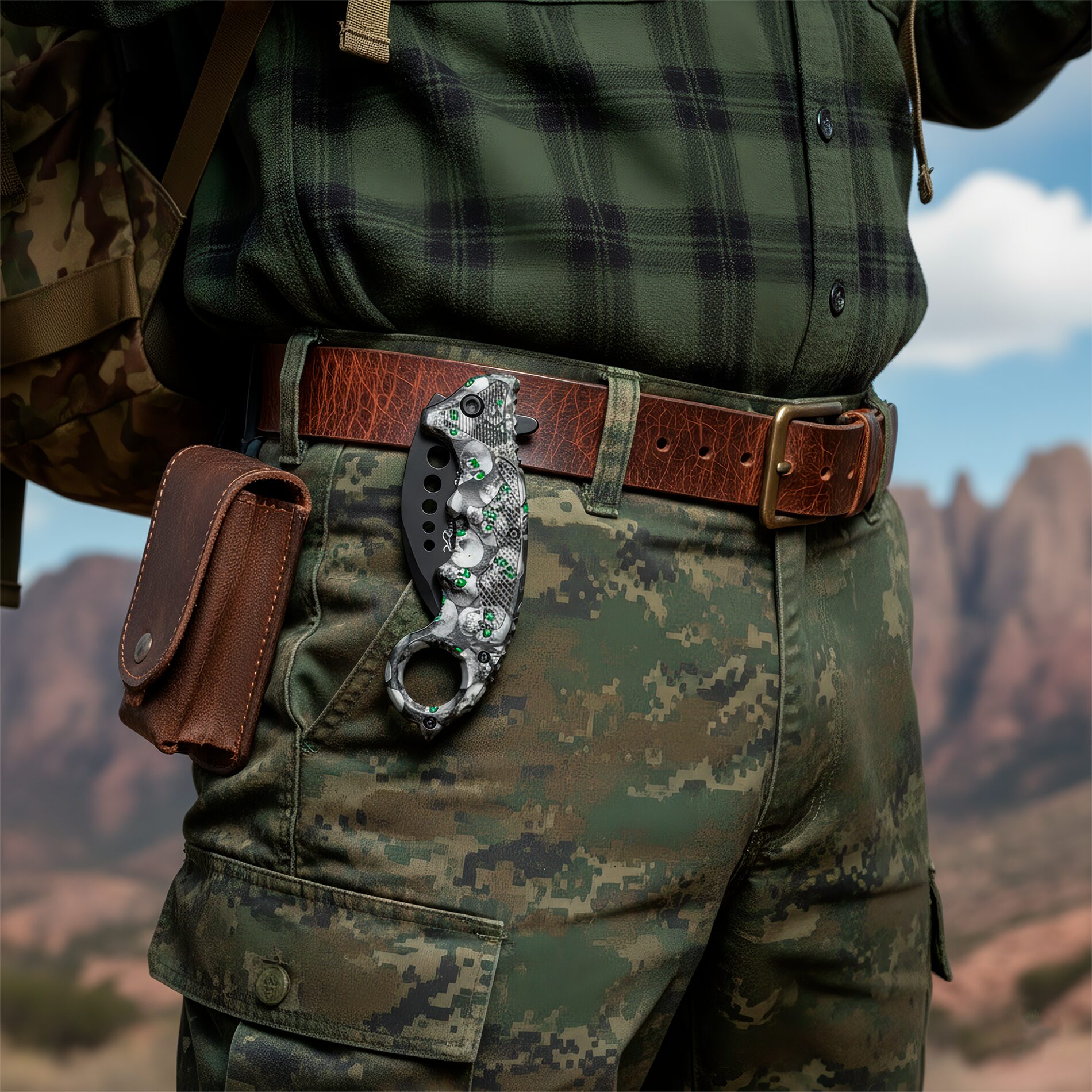 Navaja Automática Kerambit Lion Tools, mostrando el mango ergonómico y el diseño de calavera. Navaja Automática Kerambit Lion Tools con hoja curva de acero inoxidable 420 totalmente abierta en modo automático. 9457