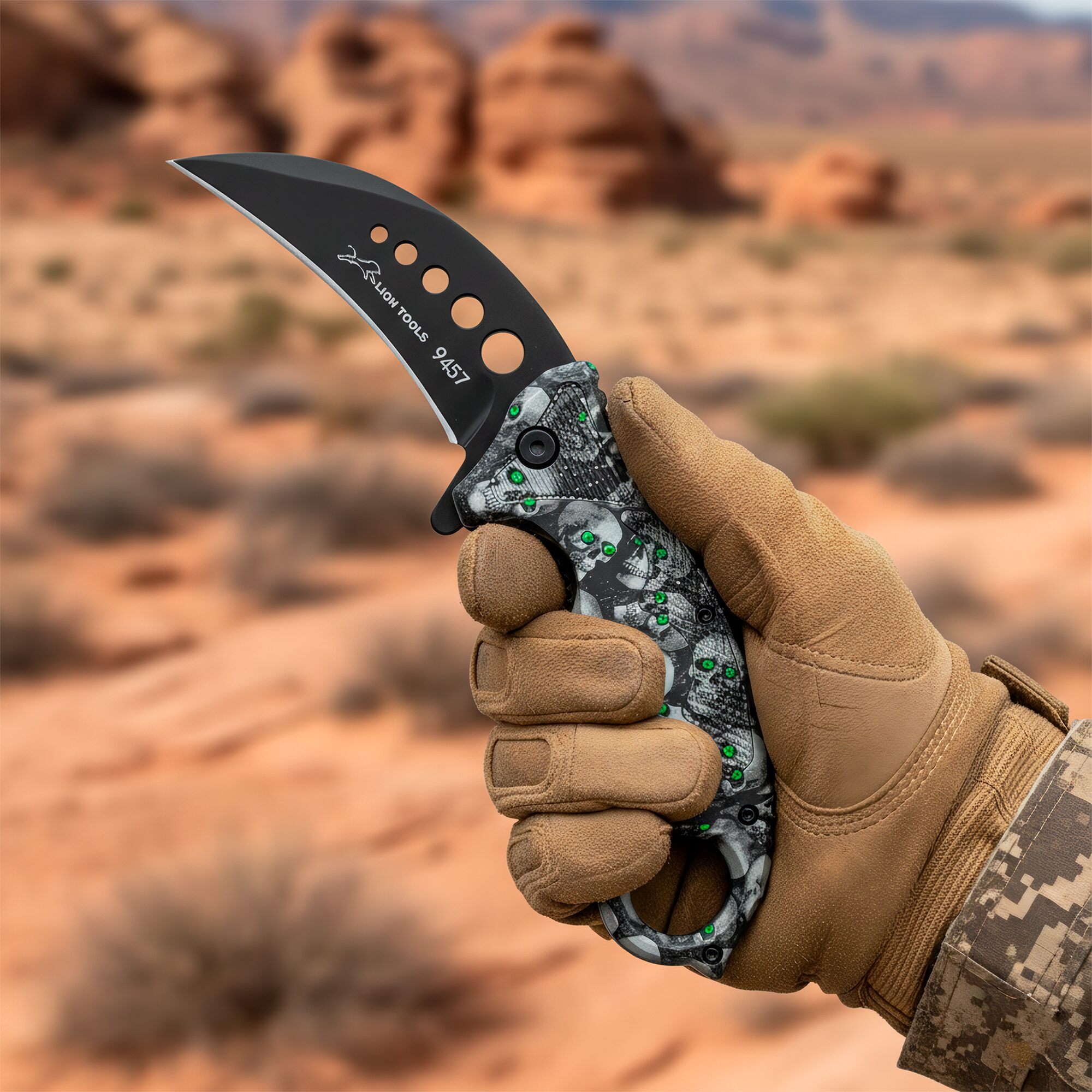Navaja Automática Kerambit Lion Tools, mostrando el mango ergonómico y el diseño de calavera. Navaja Automática Kerambit Lion Tools con hoja curva de acero inoxidable 420 totalmente abierta en modo automático. 9457