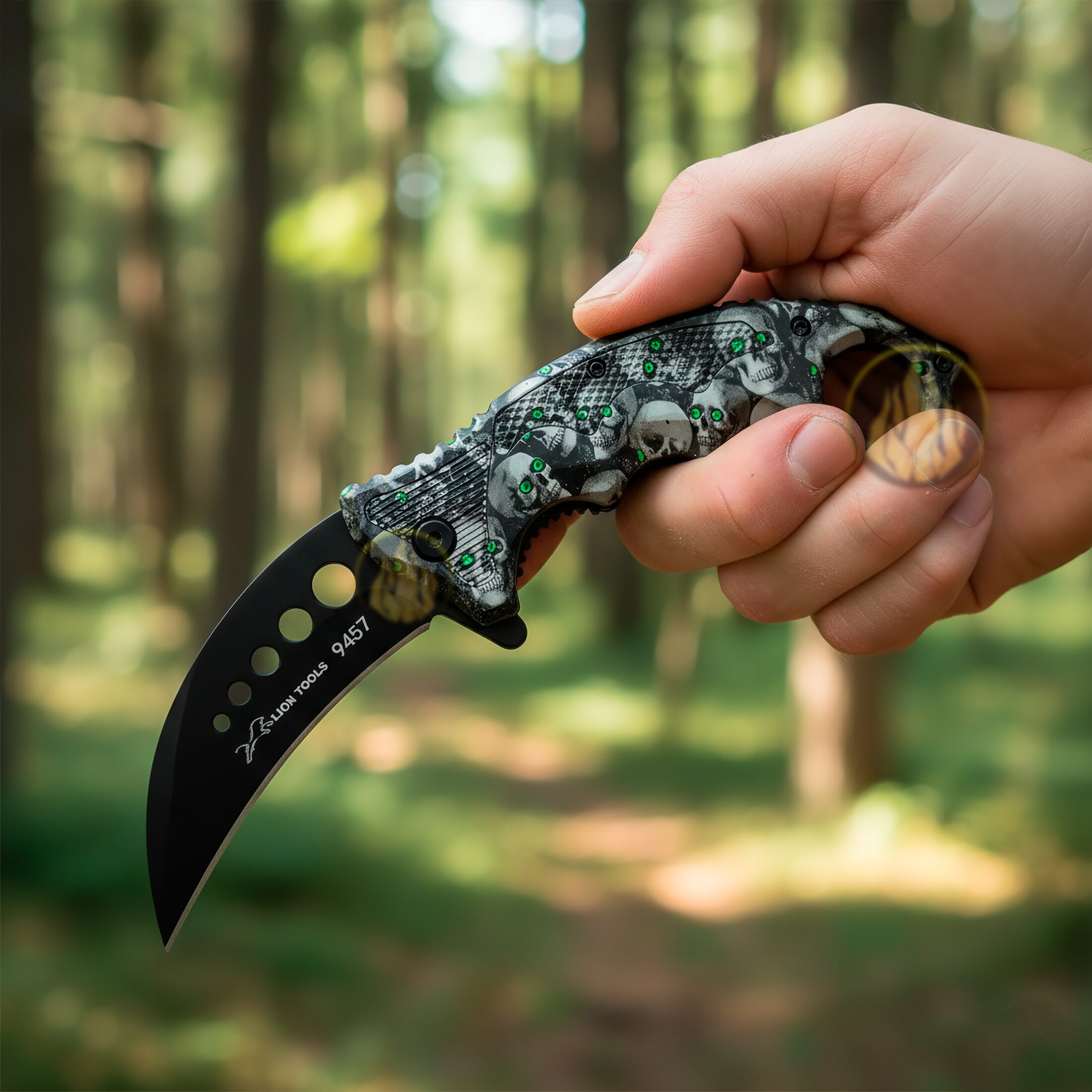 Navaja Automática Kerambit Lion Tools, mostrando el mango ergonómico y el diseño de calavera. Navaja Automática Kerambit Lion Tools con hoja curva de acero inoxidable 420 totalmente abierta en modo automático. 9457