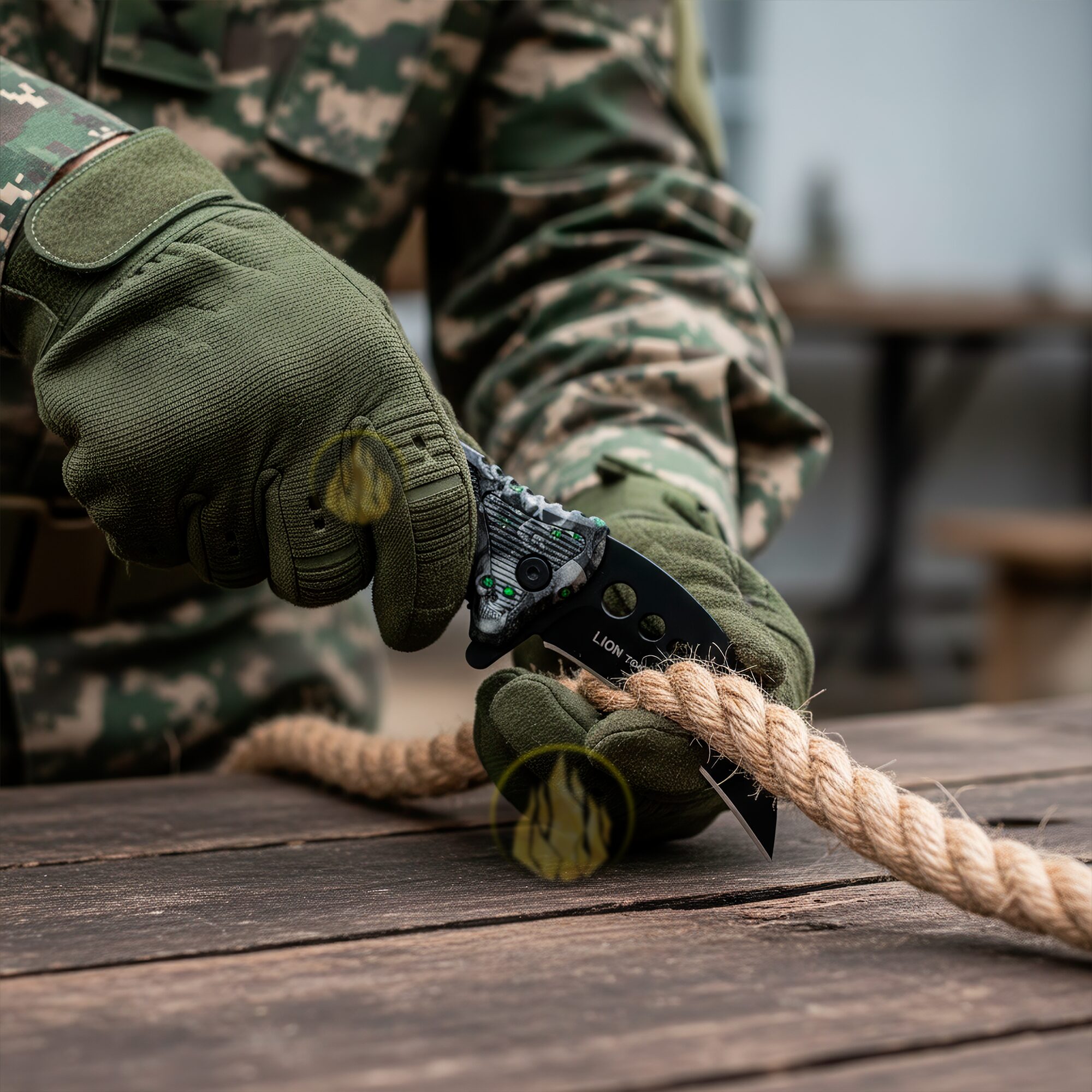 Navaja Automática Kerambit Lion Tools, mostrando el mango ergonómico y el diseño de calavera. Navaja Automática Kerambit Lion Tools con hoja curva de acero inoxidable 420 totalmente abierta en modo automático. 9457