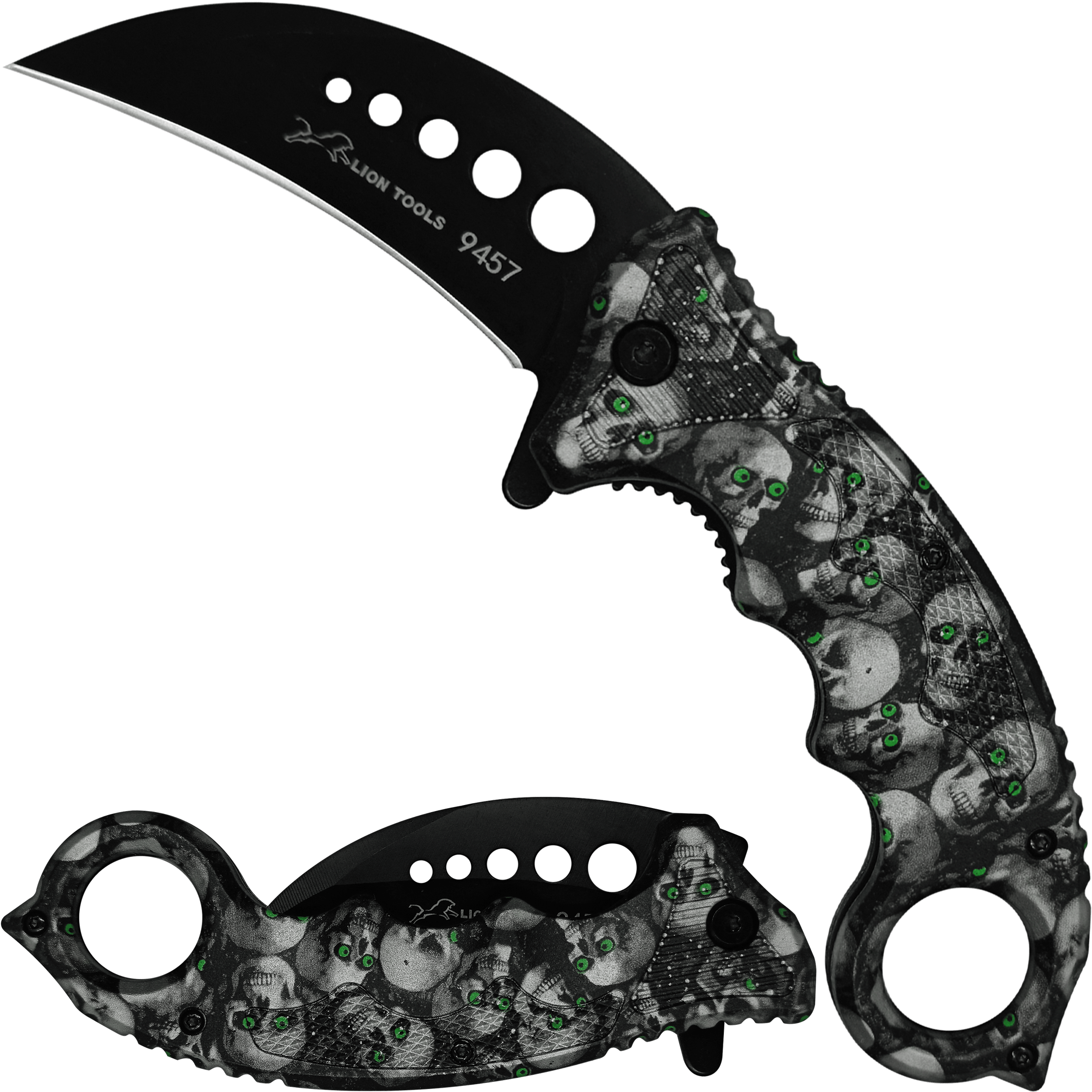 Navaja Automática Kerambit Lion Tools, mostrando el mango ergonómico y el diseño de calavera. Navaja Automática Kerambit Lion Tools con hoja curva de acero inoxidable 420 totalmente abierta en modo automático. 9457