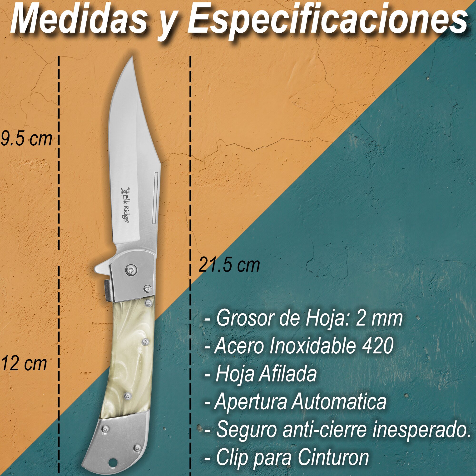 Navaja Automatica Premium Elk Ridge modelo ER-A009WP con hoja de acero inoxidable y cachas de perla blanca