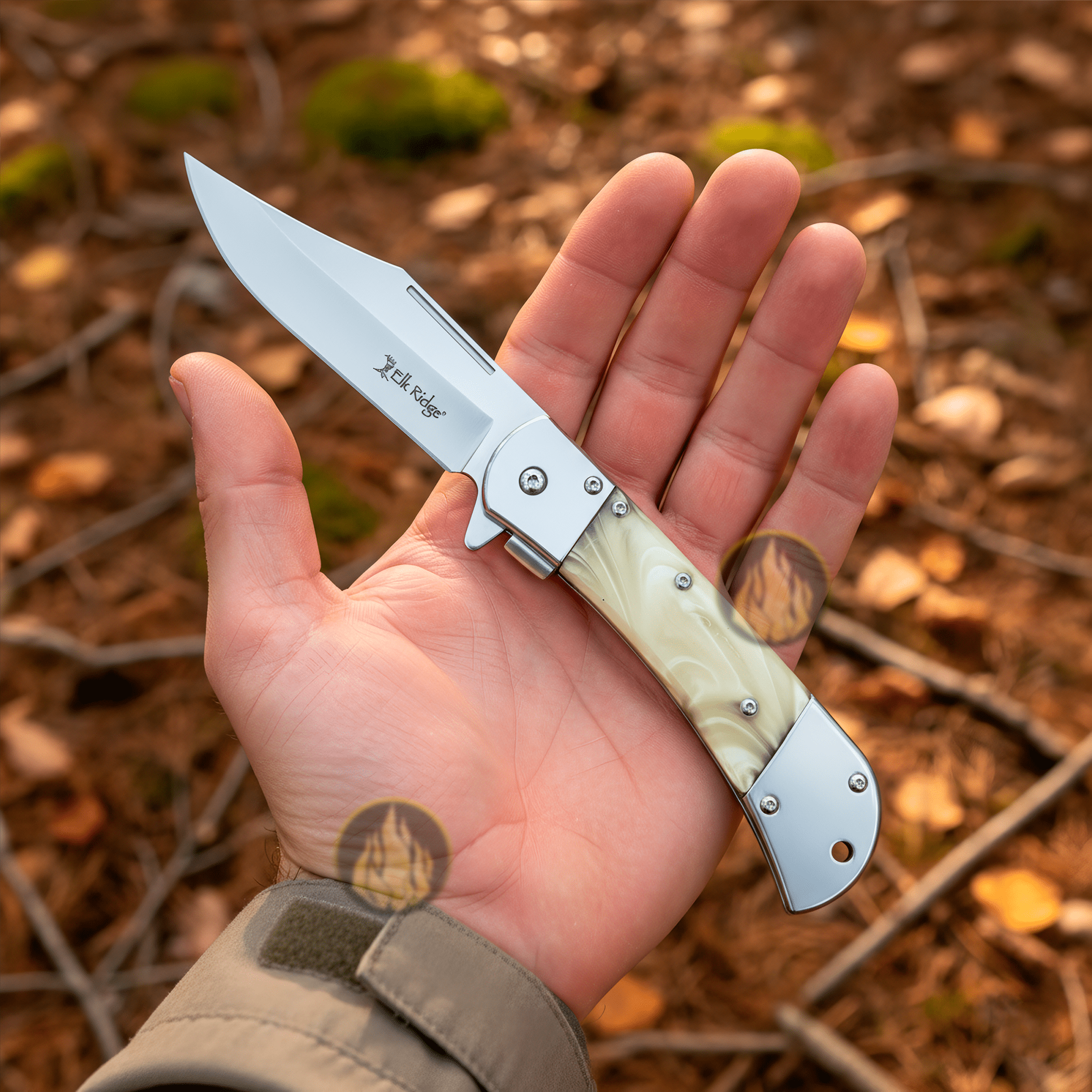 Navaja Automatica Premium Elk Ridge modelo ER-A009WP con hoja de acero inoxidable y cachas de perla blanca