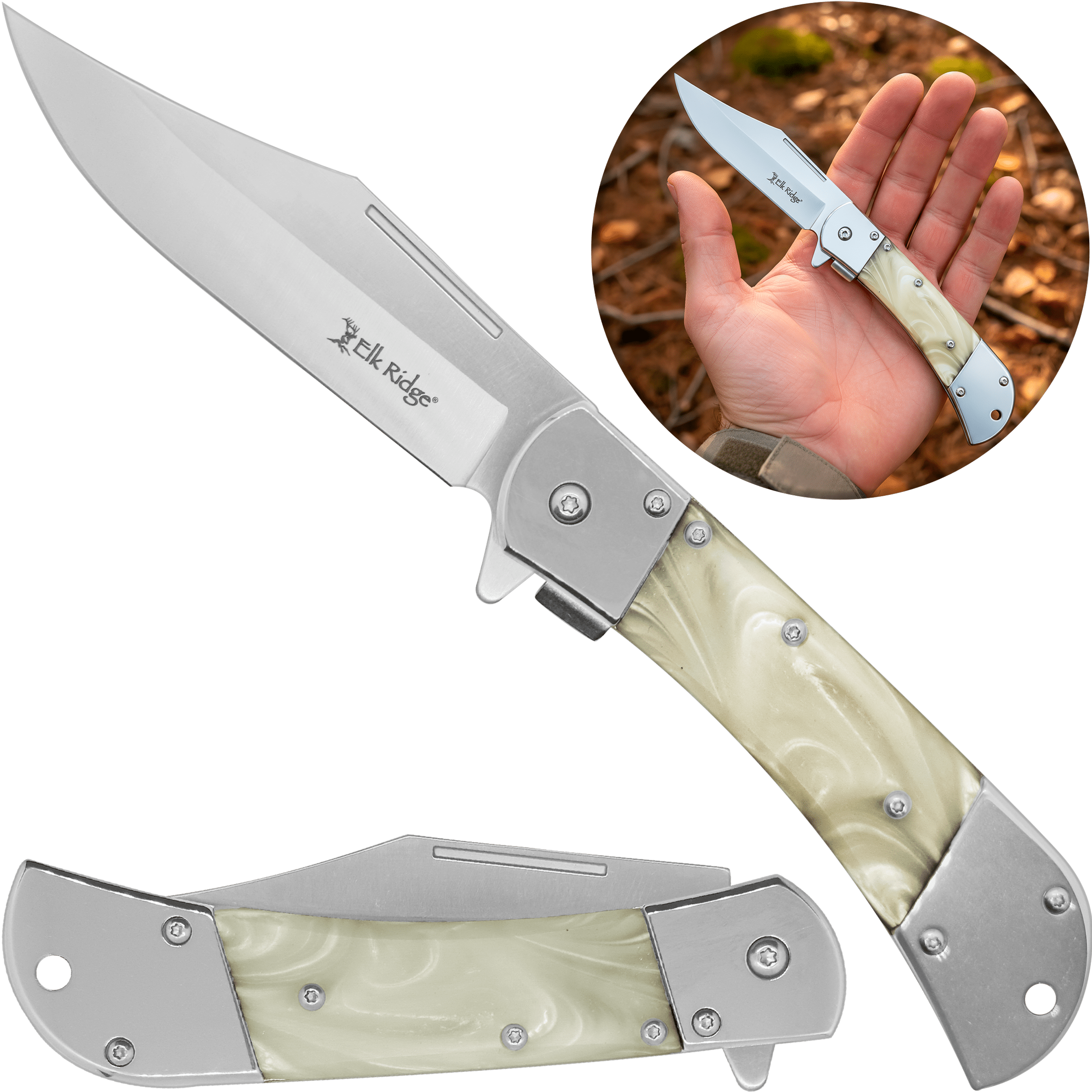 Navaja Automatica Premium Elk Ridge modelo ER-A009WP con hoja de acero inoxidable y cachas de perla blanca
