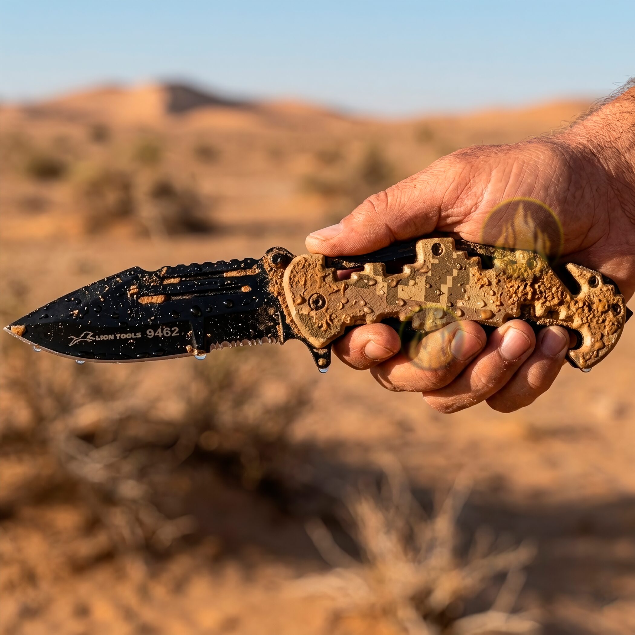 Navaja Automatica Emergencia Táctica marca Lion Tools modelo 9462 con apertura automática, hoja lisa y sierra para uso táctico y supervivencia.