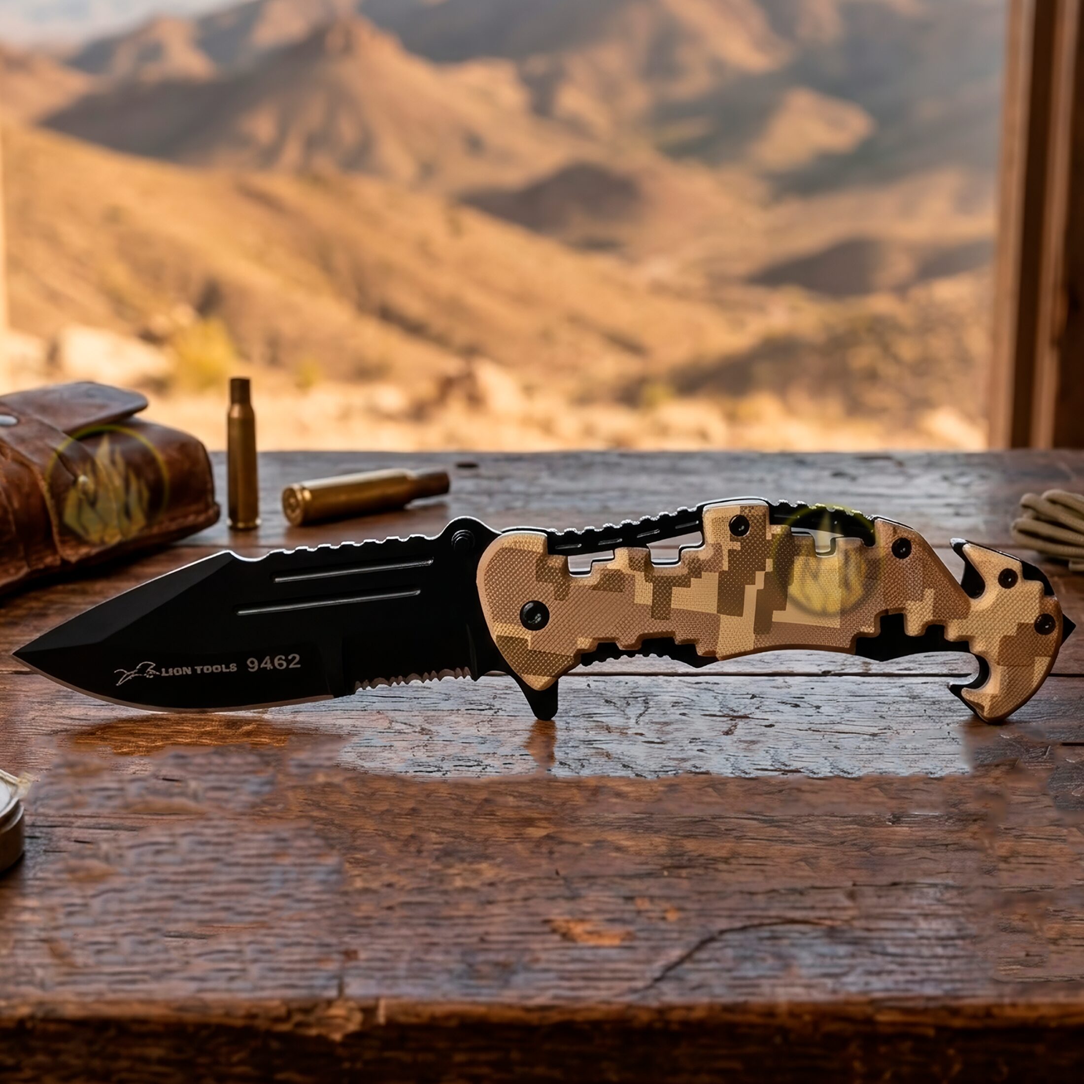 Navaja Automatica Emergencia Táctica marca Lion Tools modelo 9462 con apertura automática, hoja lisa y sierra para uso táctico y supervivencia.