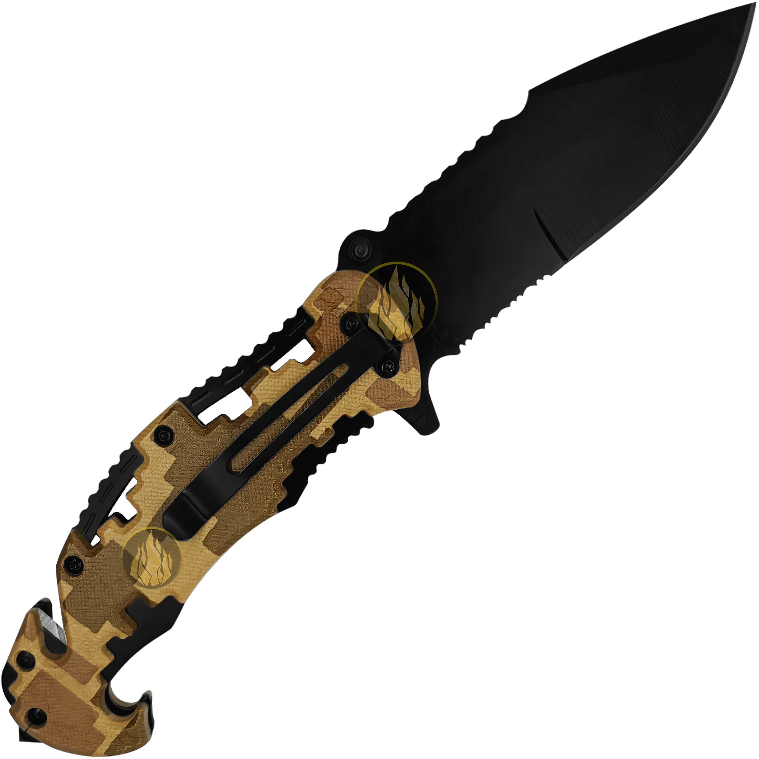 Navaja Automatica Emergencia Táctica marca Lion Tools modelo 9462 con apertura automática, hoja lisa y sierra para uso táctico y supervivencia.