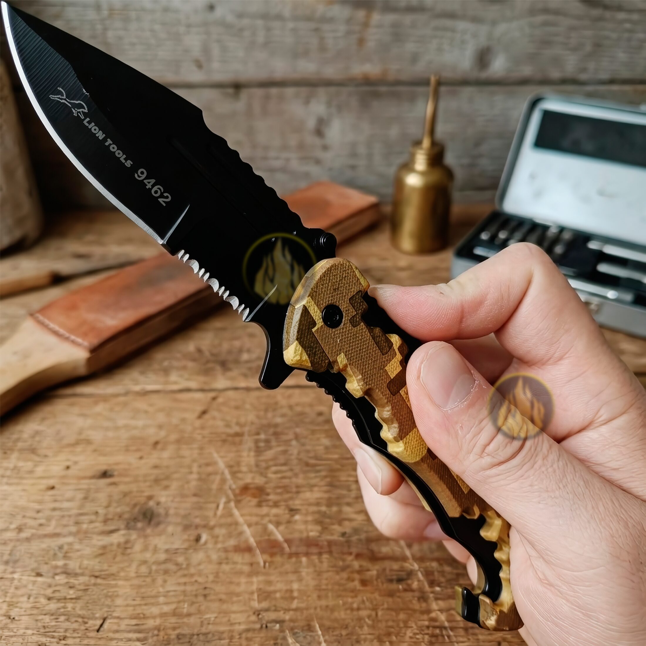 Navaja Automatica Emergencia Táctica marca Lion Tools modelo 9462 con apertura automática, hoja lisa y sierra para uso táctico y supervivencia.