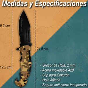 Navaja Automatica Emergencia Táctica marca Lion Tools modelo 9462 con apertura automática, hoja lisa y sierra para uso táctico y supervivencia.