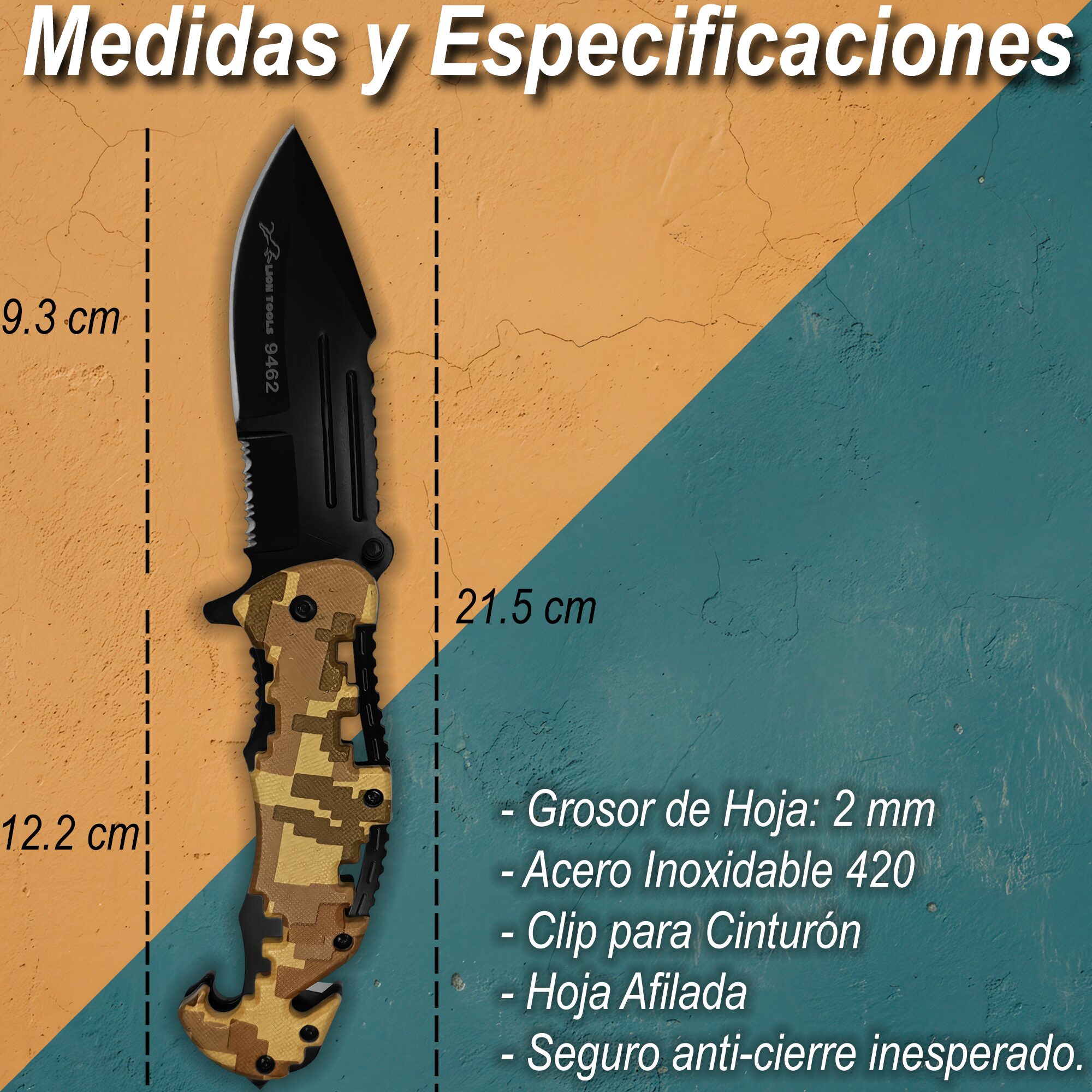 Navaja Automatica Emergencia Táctica marca Lion Tools modelo 9462 con apertura automática, hoja lisa y sierra para uso táctico y supervivencia.