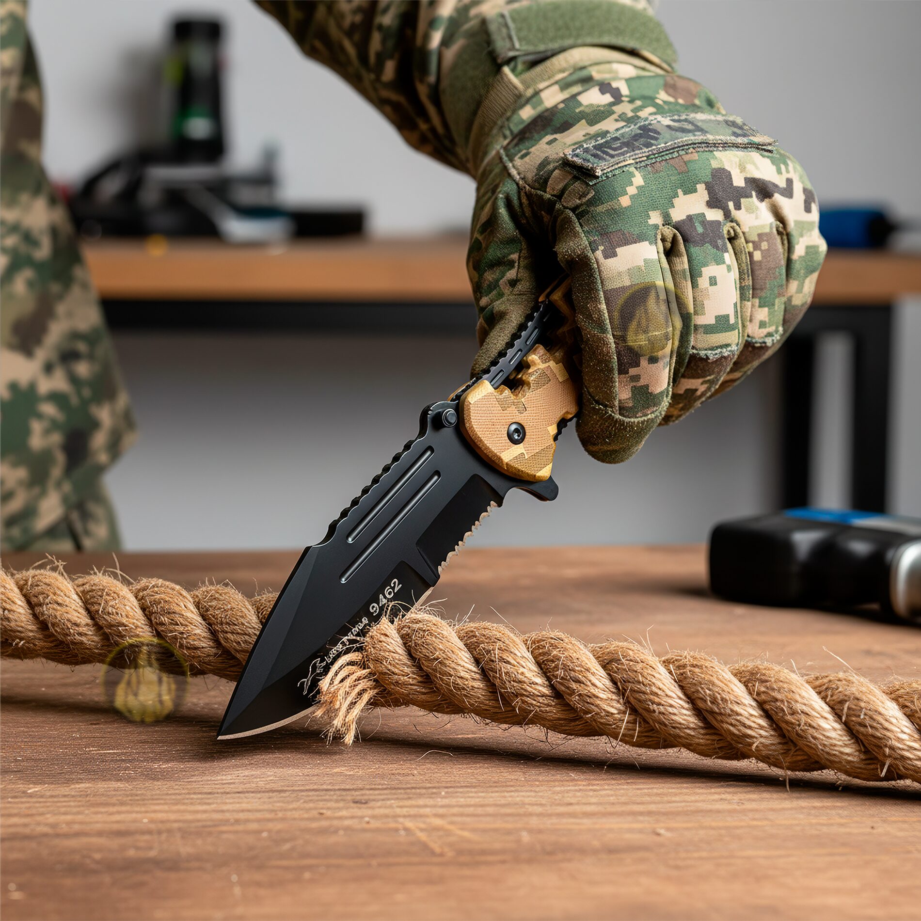 Navaja Automatica Emergencia Táctica marca Lion Tools modelo 9462 con apertura automática, hoja lisa y sierra para uso táctico y supervivencia.