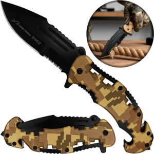 Navaja Automatica Emergencia Táctica marca Lion Tools modelo 9462 con apertura automática, hoja lisa y sierra para uso táctico y supervivencia.