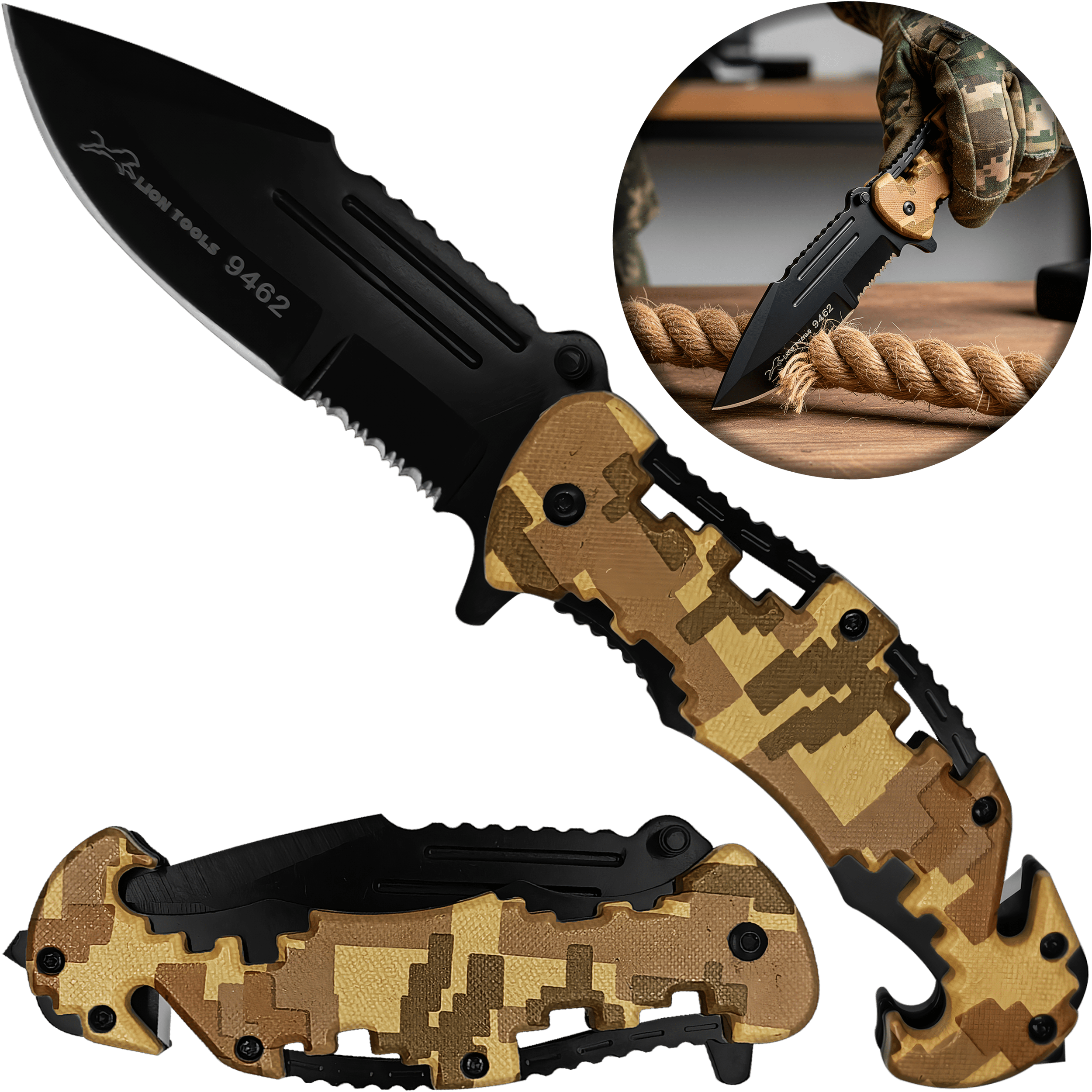 Navaja Automatica Emergencia Táctica marca Lion Tools modelo 9462 con apertura automática, hoja lisa y sierra para uso táctico y supervivencia.