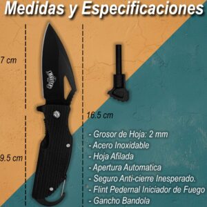 Navaja Automática Táctica Supervivencia Master USA con pedernal y hoja de acero inoxidable para emergencia Navaja Automática Táctica Supervivencia marca Master USA modelo MU-A027BK con bandola para colgar