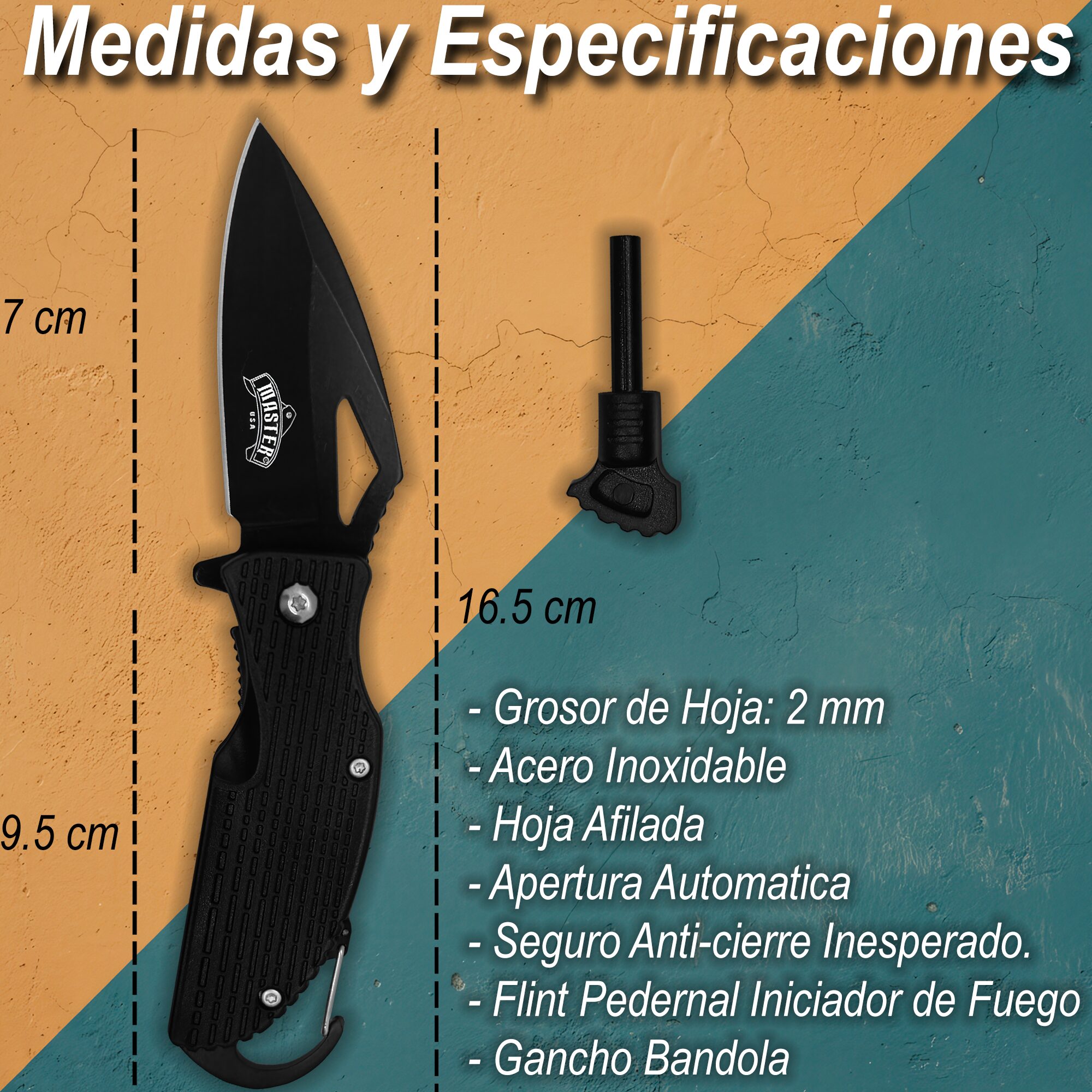 Navaja Automática Táctica Supervivencia Master USA con pedernal y hoja de acero inoxidable para emergencia Navaja Automática Táctica Supervivencia marca Master USA modelo MU-A027BK con bandola para colgar