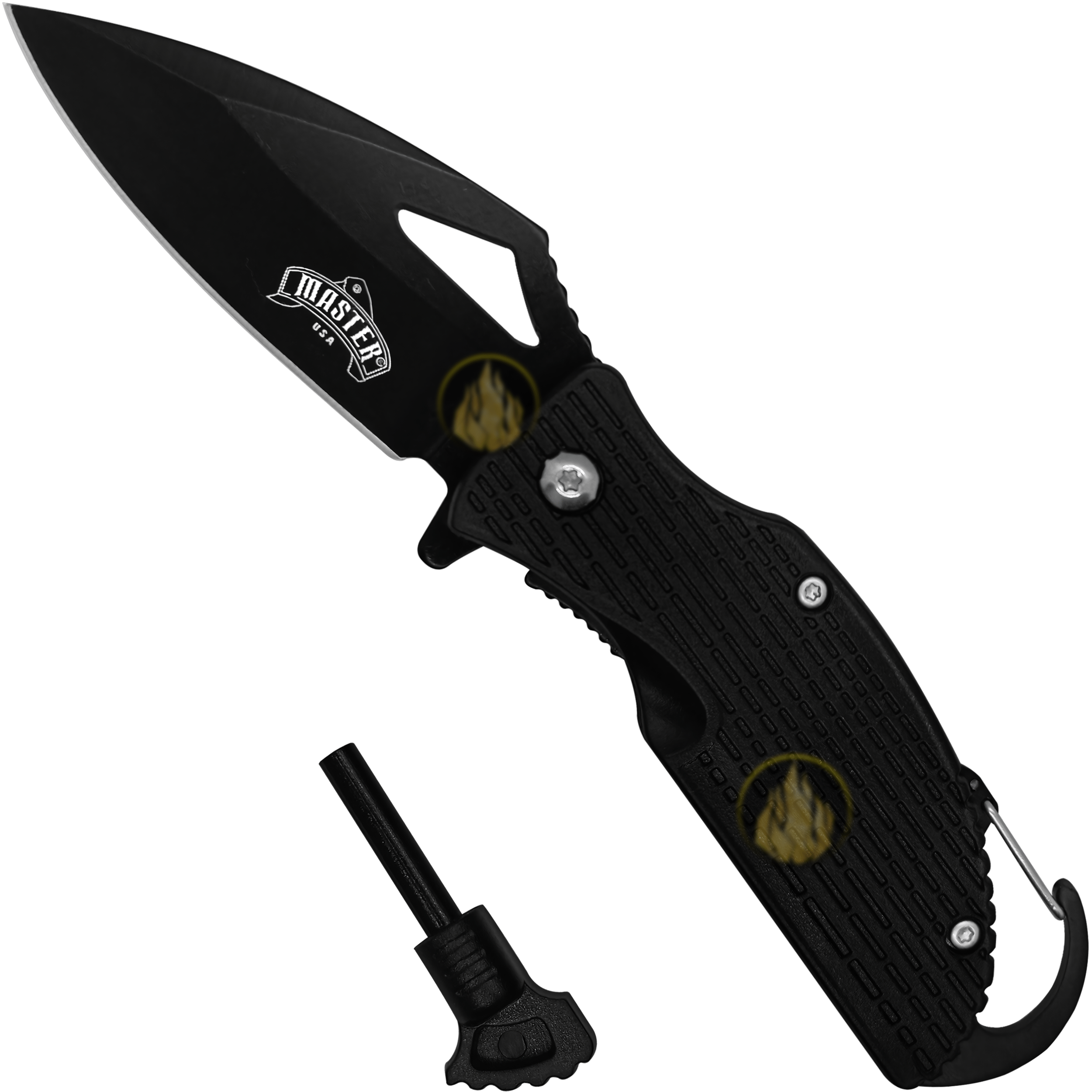 Navaja Automática Táctica Supervivencia Master USA con pedernal y hoja de acero inoxidable para emergencia Navaja Automática Táctica Supervivencia marca Master USA modelo MU-A027BK con bandola para colgar