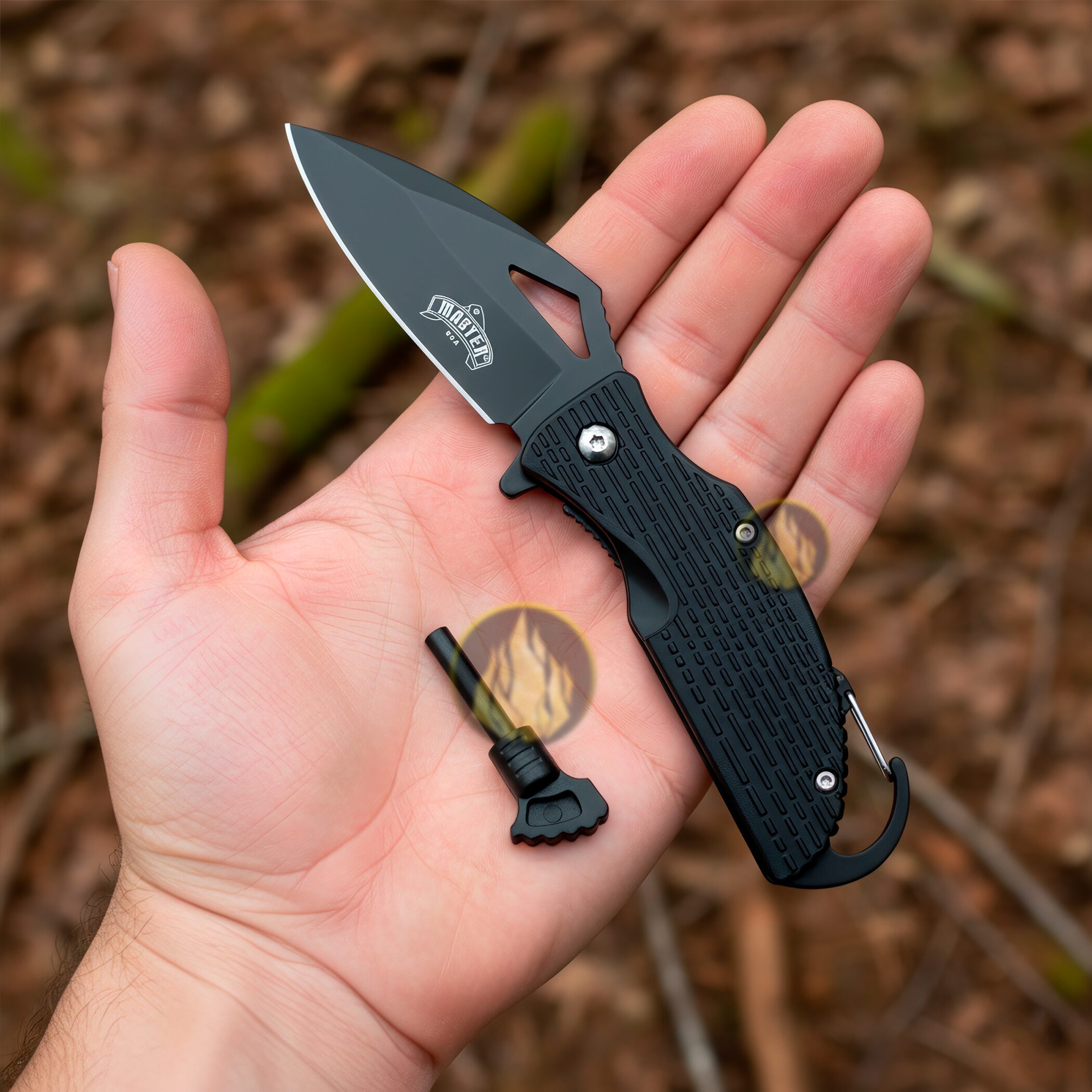 Navaja Automática Táctica Supervivencia Master USA con pedernal y hoja de acero inoxidable para emergencia Navaja Automática Táctica Supervivencia marca Master USA modelo MU-A027BK con bandola para colgar