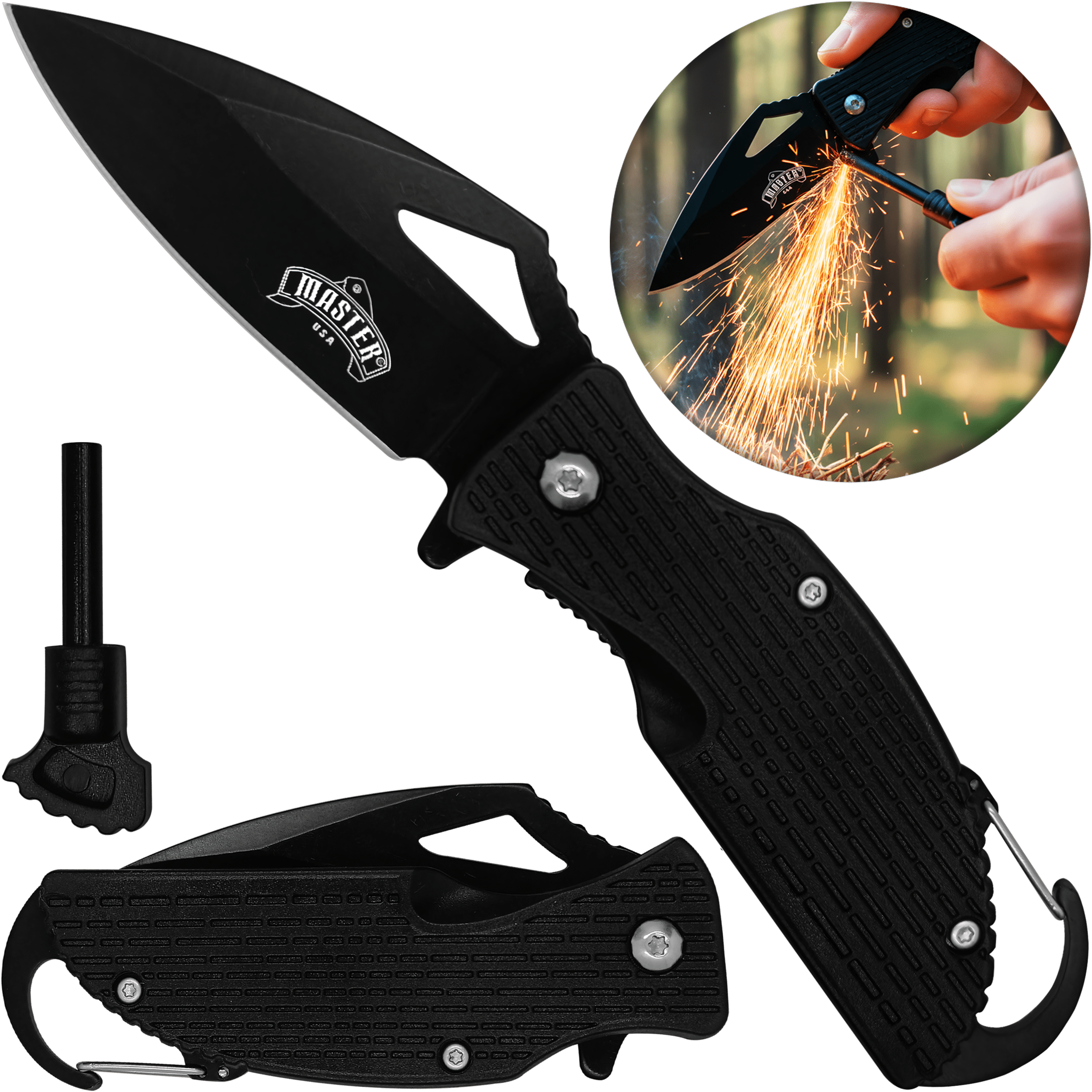 Navaja Automática Táctica Supervivencia Master USA con pedernal y hoja de acero inoxidable para emergencia Navaja Automática Táctica Supervivencia marca Master USA modelo MU-A027BK con bandola para colgar