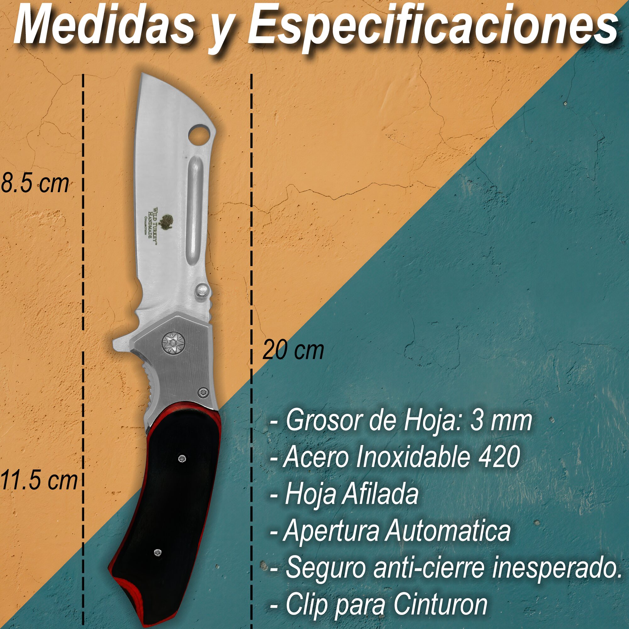 Navaja Automática Tactica Wild Turkey con hoja de acero inoxidable 420 y cachas de madera negra Navaja Automática Tactica marca Wild Turkey modelo WT-1096WD con apertura automática y clip