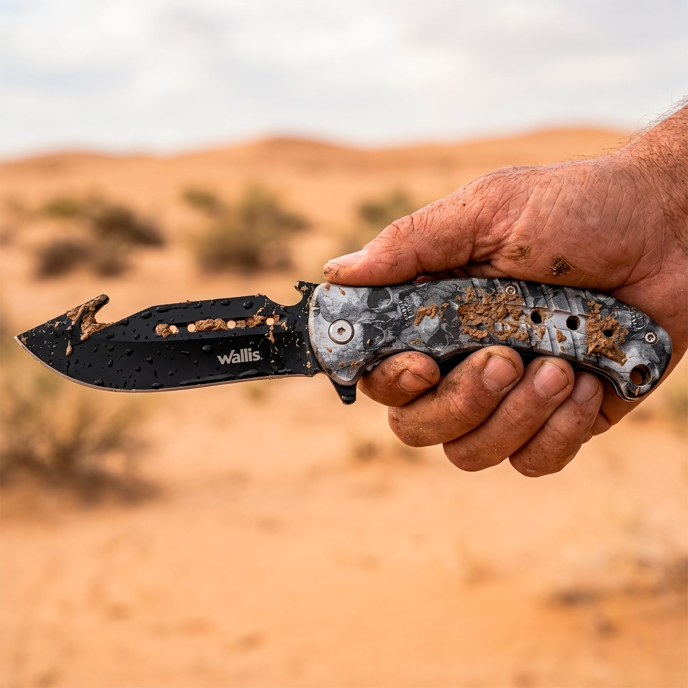 Navaja Automática Wallis modelo K900666 con diseño de calaveras negras hoja de acero inoxidable y clip para cinturón uso rudo Navaja Automática de caza Wallis con hoja desolladora de 9 cm acero inoxidable y mango táctico con diseño calaveras